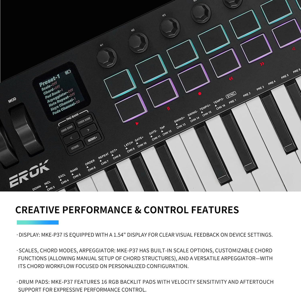 EROK 37 Keys MIDI Keyboard Controller with 3.5mm MIDI Output, 16 Backlit Drum Pads, 8 Knobs, DAW Integration & Arpeggiator, Music Production Equipment and Studio Controller (Black)