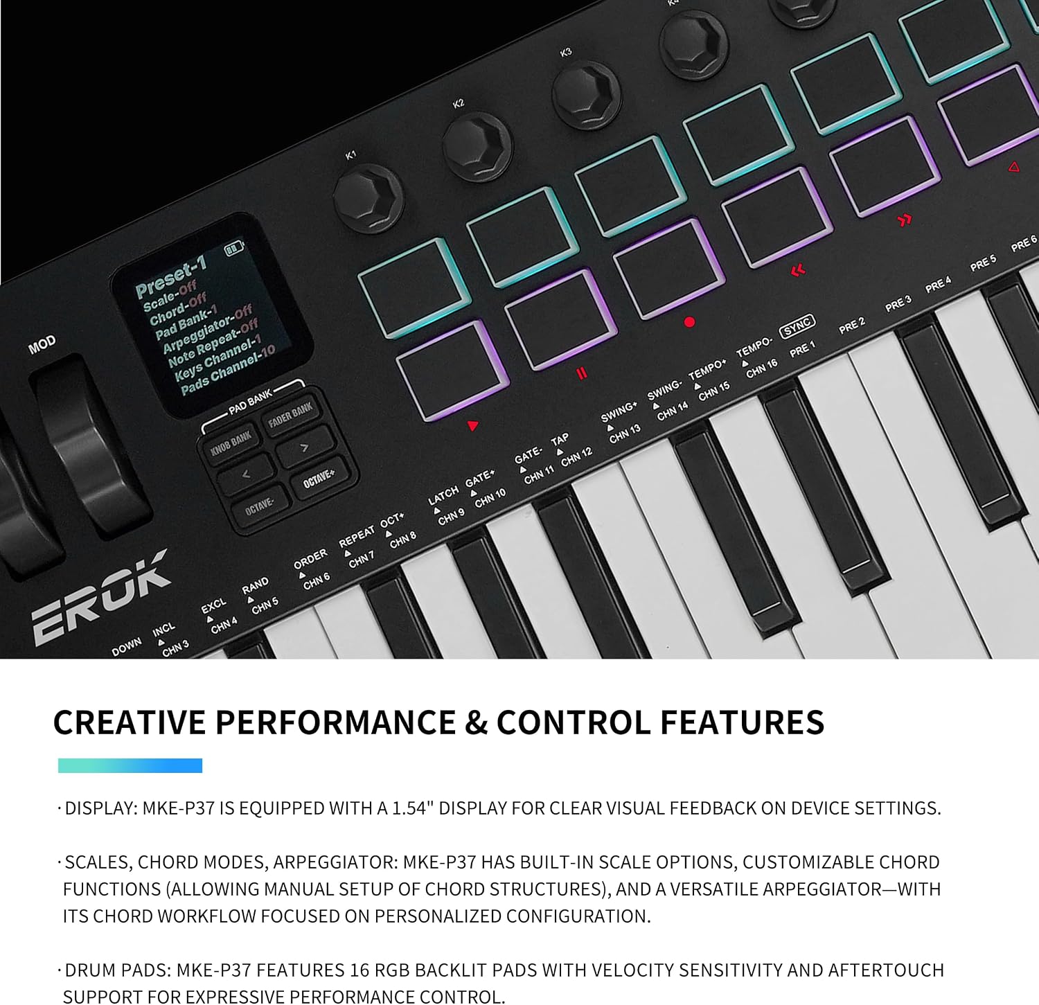 EROK 37 Keys MIDI Keyboard Controller with 3.5mm MIDI Output, 16 Backlit Drum Pads, 8 Knobs, DAW Integration & Arpeggiator, Music Production Equipment and Studio Controller (Black)