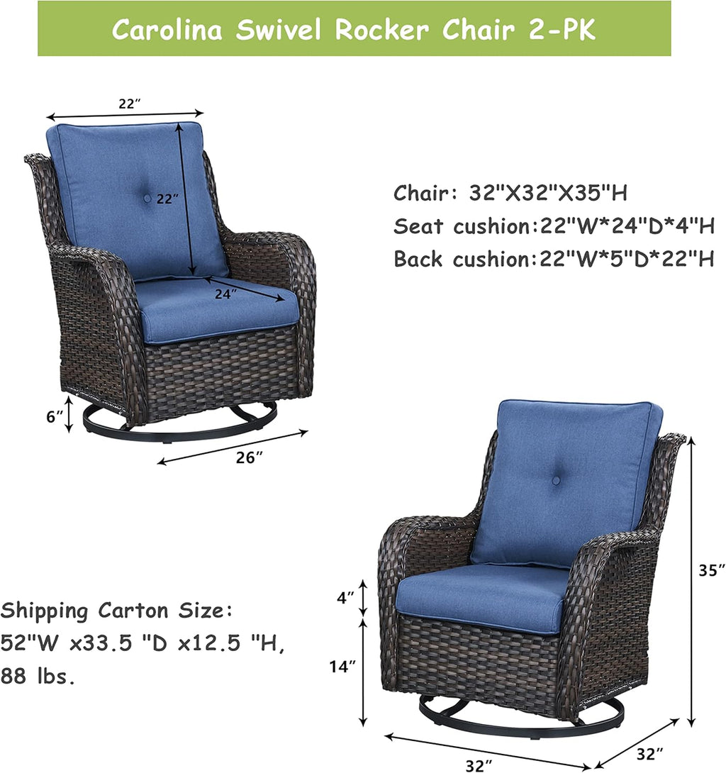 Rilyson Wicker Rocking Chair Swivel Chairs - 2 Piece Rocker Patio Chairs Set Rattan Rocking Chair for Outdoor Porch Deck Garden Backyard (Brown/Blue)