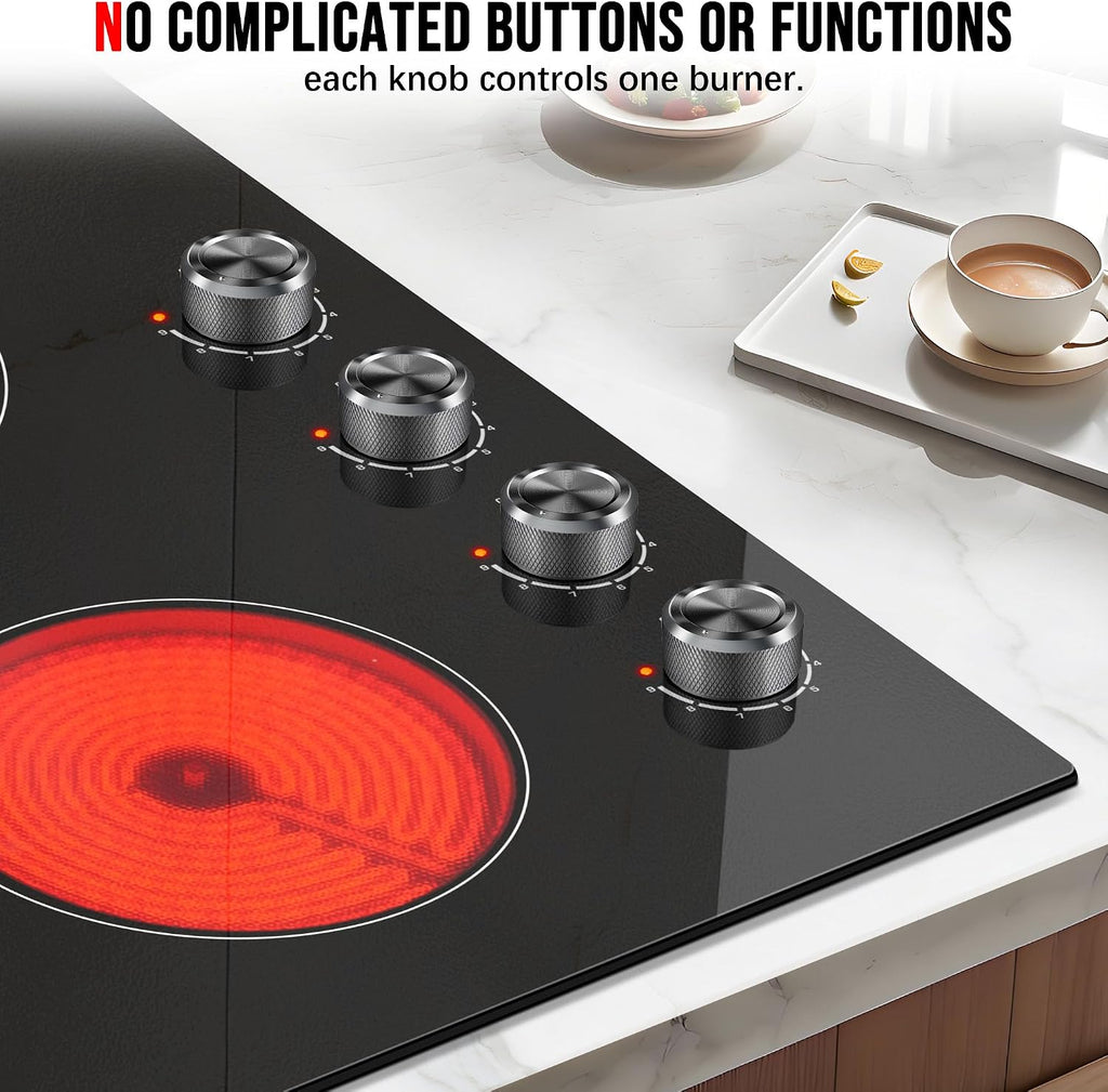 Karinear 4 Burner Electric Cooktop 24 Inch, Built-in Stove Top, 220-240v Radiant Cooktop with Knob Control, Residual Heat Indicator, Over-Temperature Protection, Hard Wire, Sliver Knob