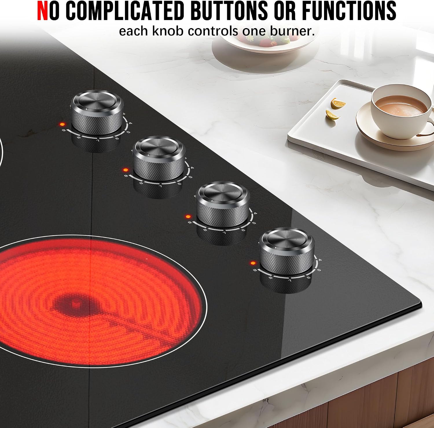 Karinear 4 Burner Electric Cooktop 24 Inch, Built-in Stove Top, 220-240v Radiant Cooktop with Knob Control, Residual Heat Indicator, Over-Temperature Protection, Hard Wire, Sliver Knob