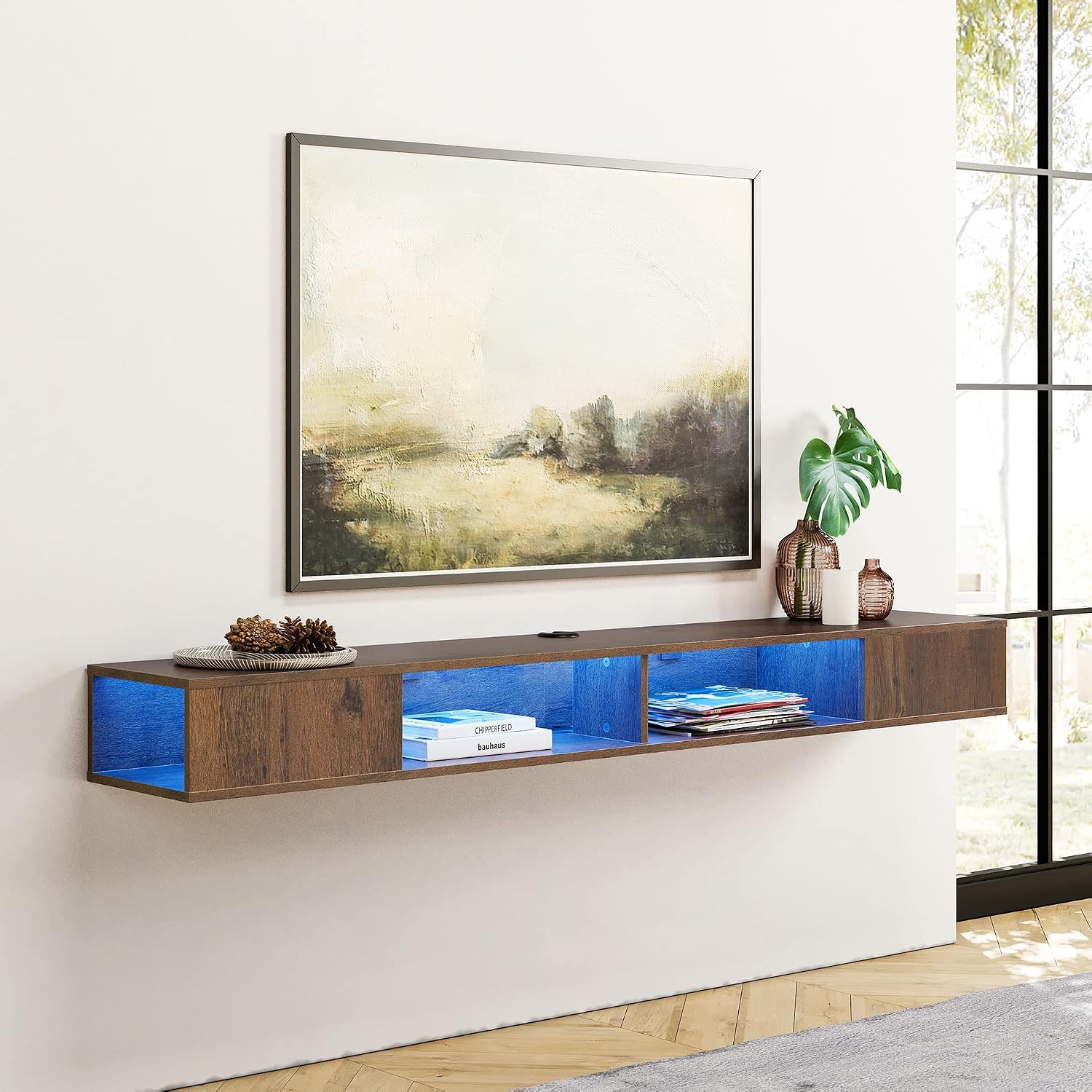 WAMPAT Floating Entertainment Center for 80 Inch TV,TV Stand Wall Mounted with LED Light, Floating TV Shelf Under TV for Living Room, Bedroom, Brown