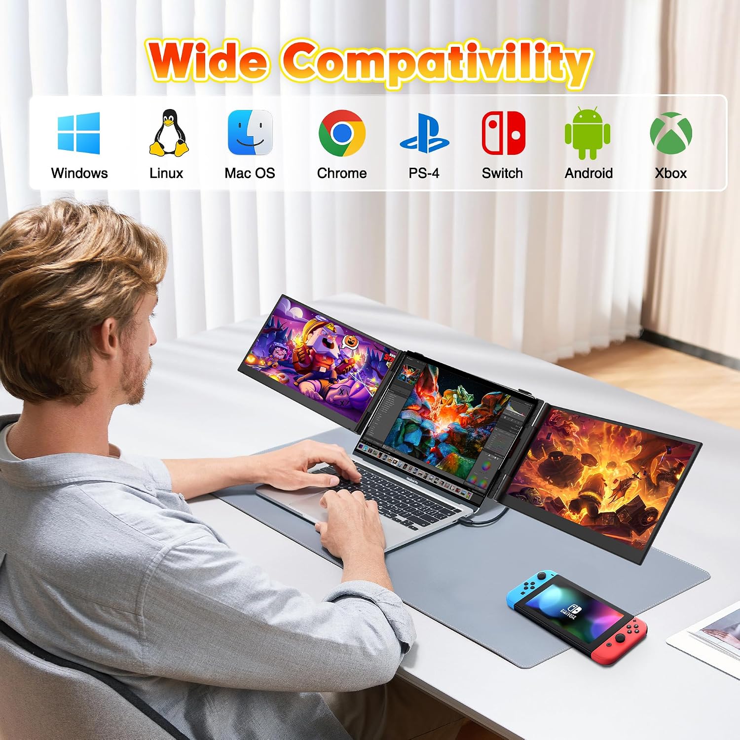 One Cable Connection Laptop Screen Extender Monitor Portable, Ultra Thin 14.2' 1080P FHD Lightweight Triple Screen,Fit for 13-17' Laptop, Plug & Play Compatiable with Win/Mac/Chrome/Android/Switch