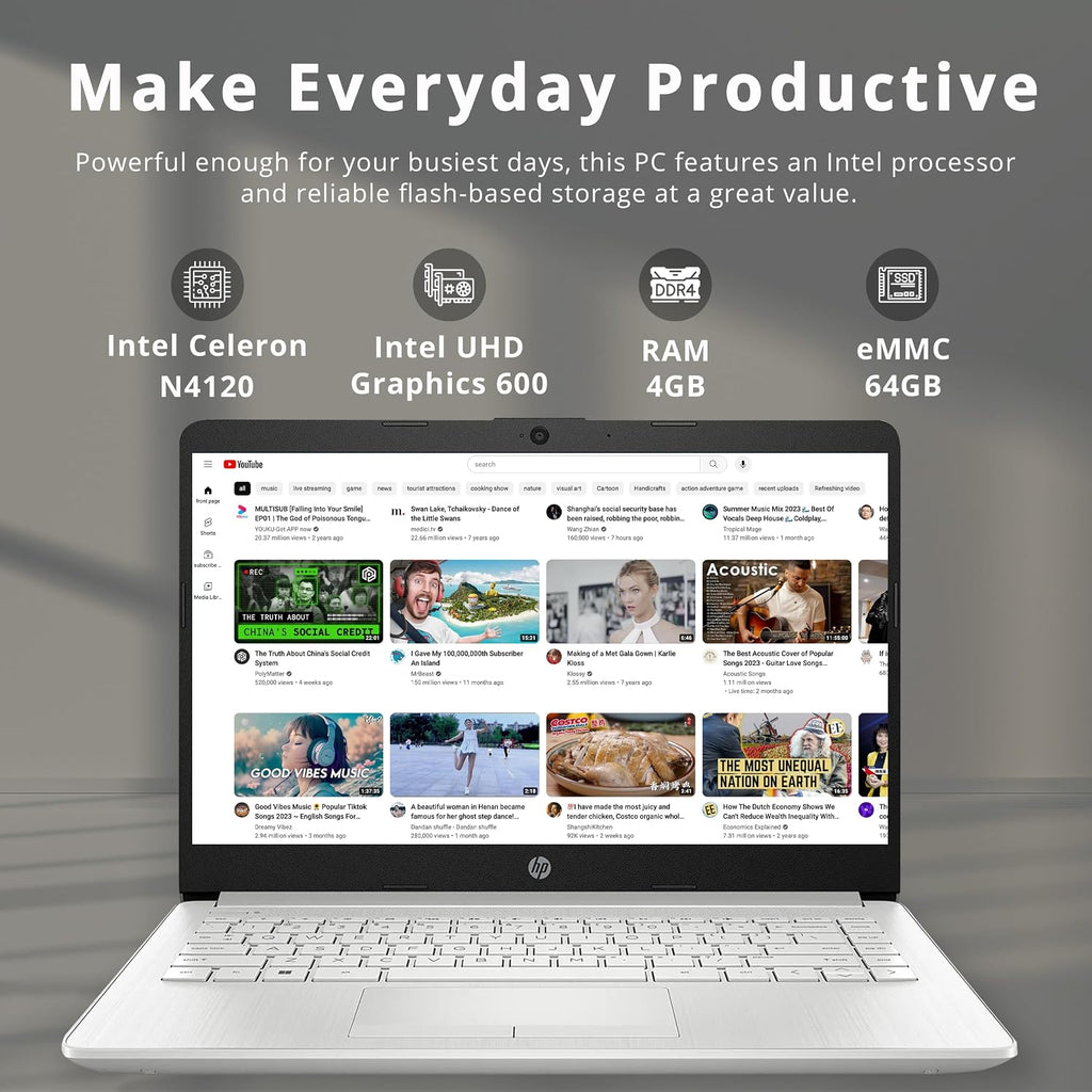 HP Stream 14' HD Laptop, Intel Celeron N4120, 4GB RAM, 64GB eMMC, Intel UHD Graphics 600, 1 Year Office 365, HD Camera, Wi-Fi 5, Bluetooth, Fast Charge, Windows 11 S, Silver, 32GB Hotface USB Card