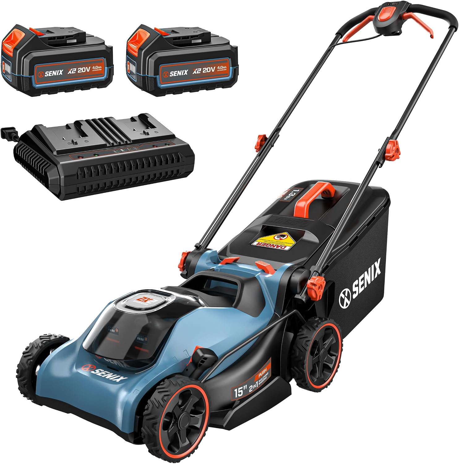 SENIX 40V Max* 15'' Battery Powered Lawn Mower - 1.3 Bushels Grass Bag, 2 X2 4Ah Batteries & 3.0A Charger Included (LPPX2-M4)