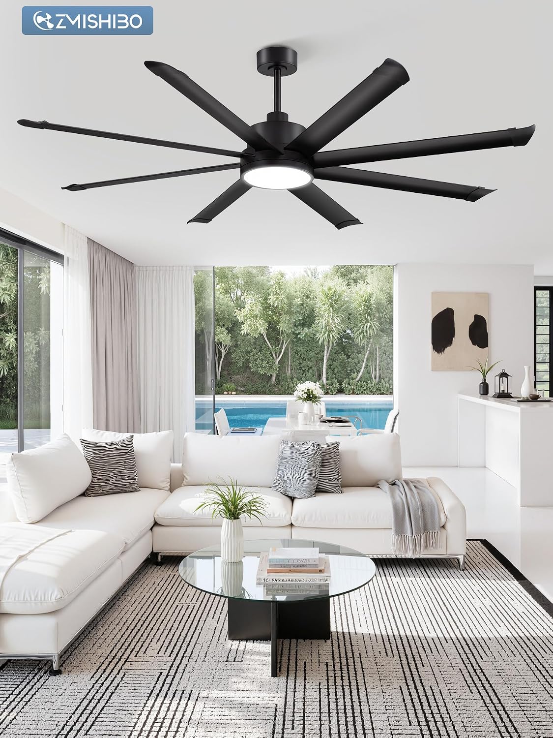 ZMISHIBO 72 Inch Ceiling Fans with Lights, Indoor/Outdoor Industrial Ceiling Fan with 8 Aluminum Reversible Blade, Quiet DC Motor, 3CCT&6-Speed Remote Control, Damp Rated for Living Room/Garage/Gazebo