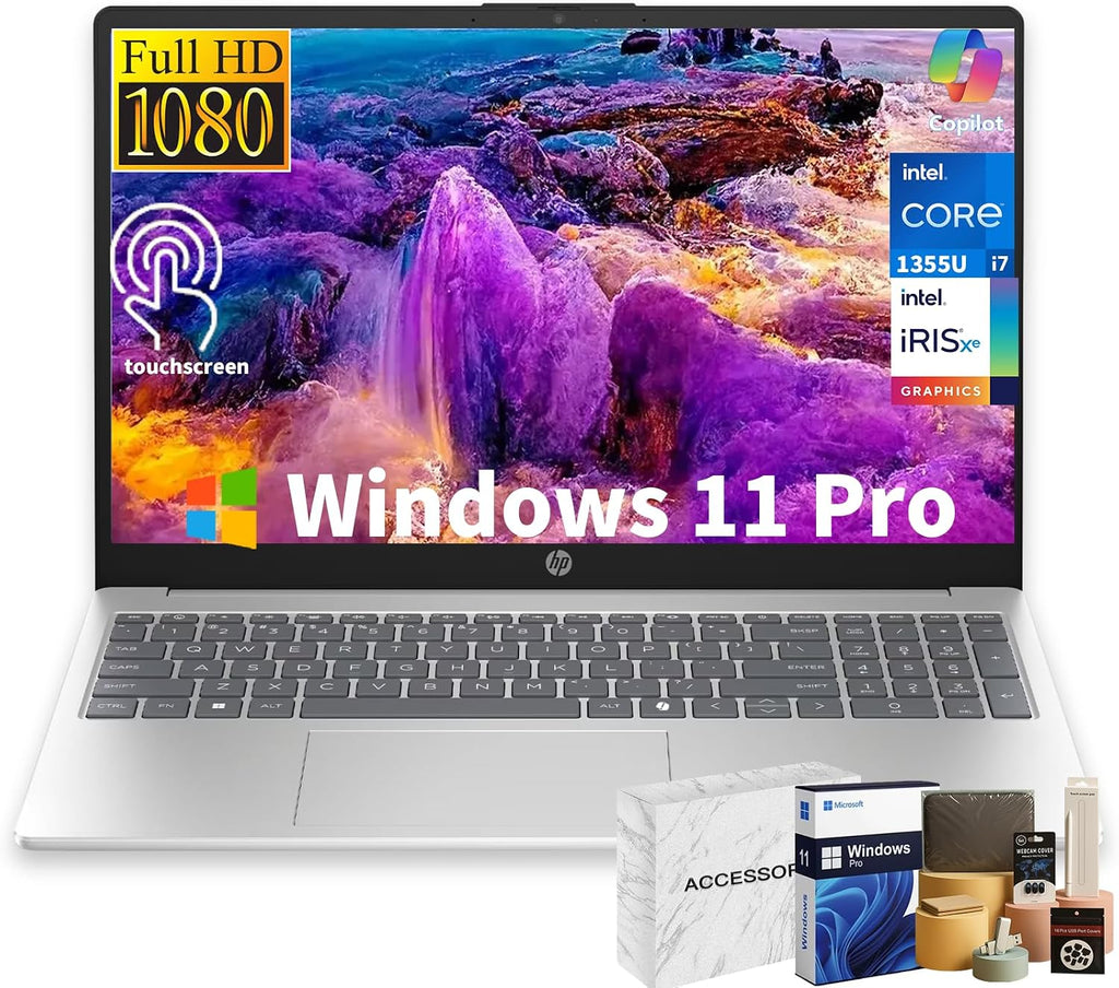 HP 15 Touchscreen Laptop Computer - 15.6' FHD IPS, Intel 10-Core i7 1355U CPU, 64GB RAM + 2TB SSD, Intel Iris Xe Graphics, Numeric Pad, WIFI6, Copilot AI PC, Win11 Pro, w/Accessoires