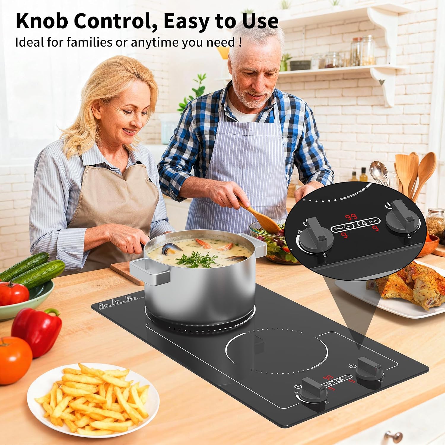 GIHETKUT Double Induction Cooktop, 110V 2300W hot plate with LED Touch Screen, 9 Power Levels, Kids Lock & Timer, Overheat Protection, knob and touch control 2 burner Induction cooktop