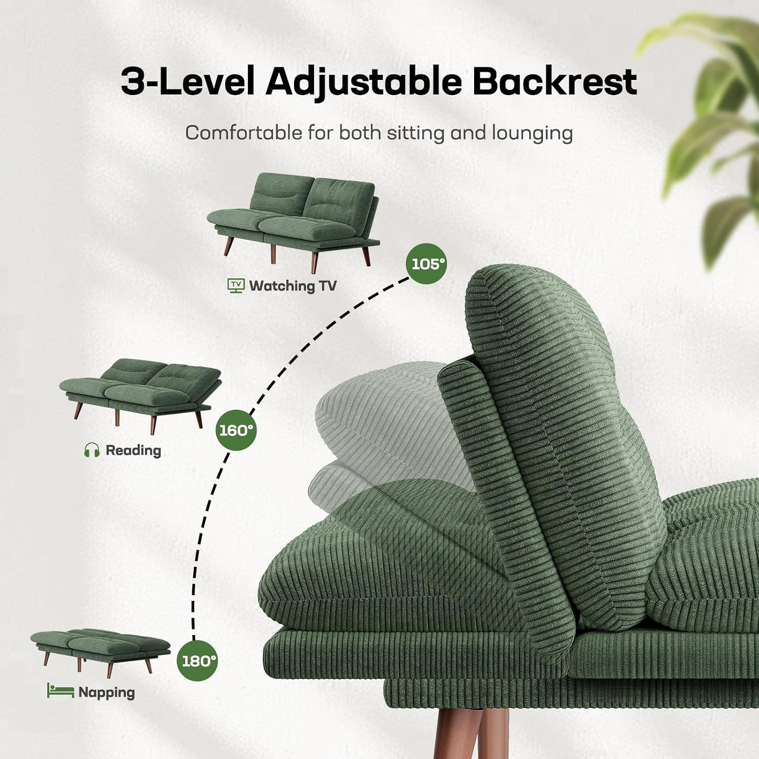 Marsail 66.1' Futon Sofa Bed, Corduroy Convertible Futon Couch with Adjustable Backrest & Armrests, Small Sleeper Sofa Loveseat for Small Apartments, Study Room, Office, Green