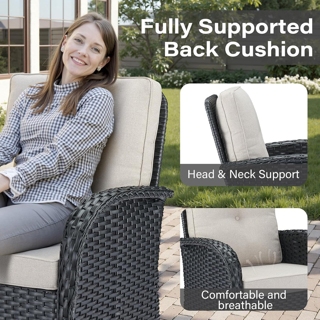Belord 6 Pieces Outdoor Patio Furniture Set with Wicker Rocking Chairs, Rattan Patio Conversation Set with Glider Loveseat Ottomans and Side Table Black/Beige