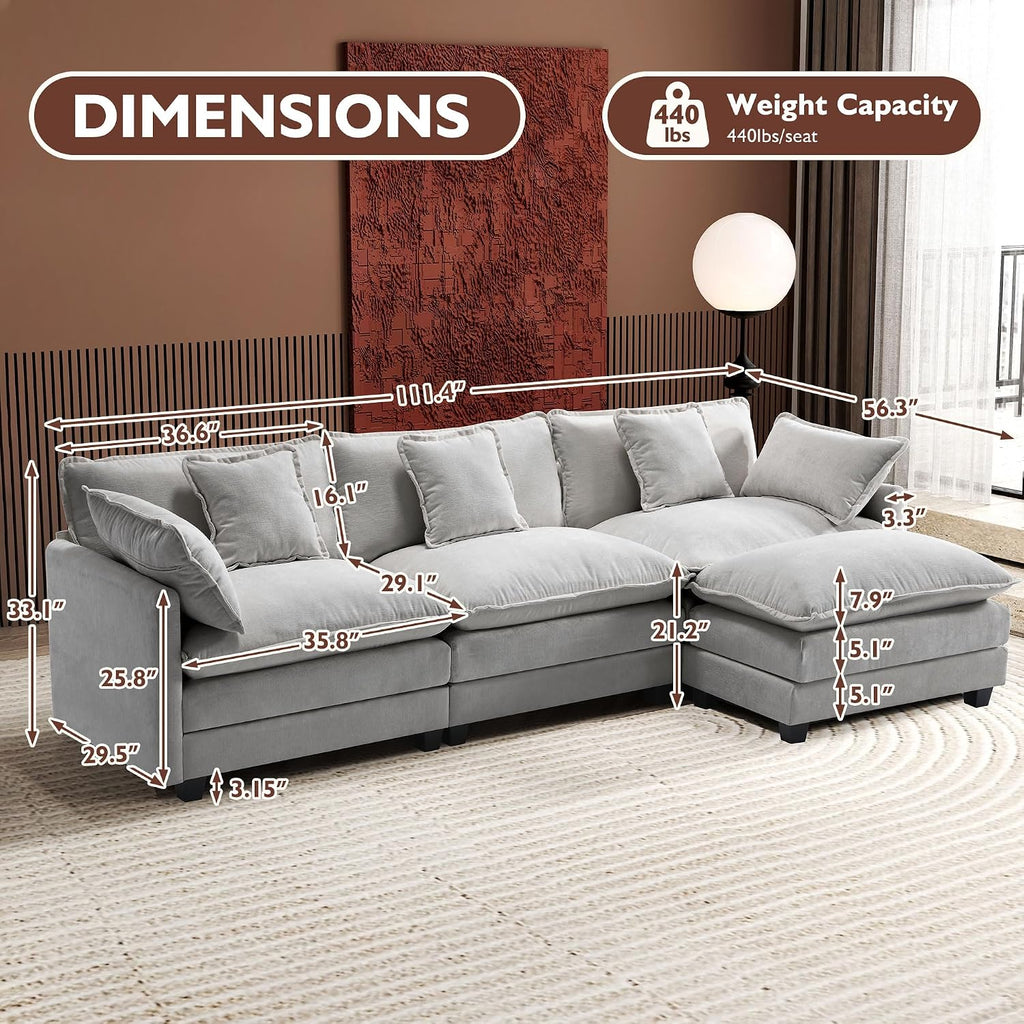Ihanherry 111.4' L Shaped Modern Sofa Modular Sectional Cloud Couch with Ottoman, 4-Seat Chenille Deep Seat Sofa with Pillow for Living Room, Bedroom and Apartment, Grey