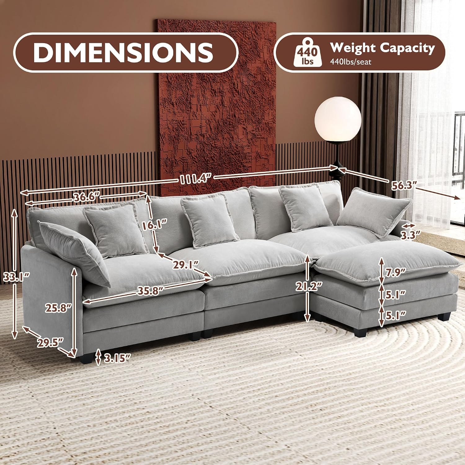 Ihanherry 111.4' L Shaped Modern Sofa Modular Sectional Cloud Couch with Ottoman, 4-Seat Chenille Deep Seat Sofa with Pillow for Living Room, Bedroom and Apartment, Grey