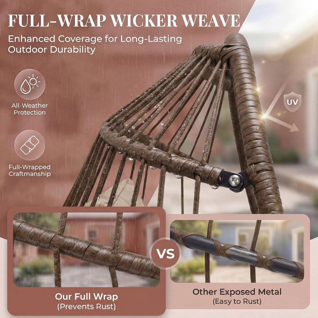 Nicesoul Outdoor Hanging Egg Chair Without Stand, Patio Wicker Swing Egg Basket Chairs with Padded Cushions, 350 Lbs Ceiling Tree Swinging Egg-Shaped Chair No Stand for Indoor Bedroom Porch, Brown