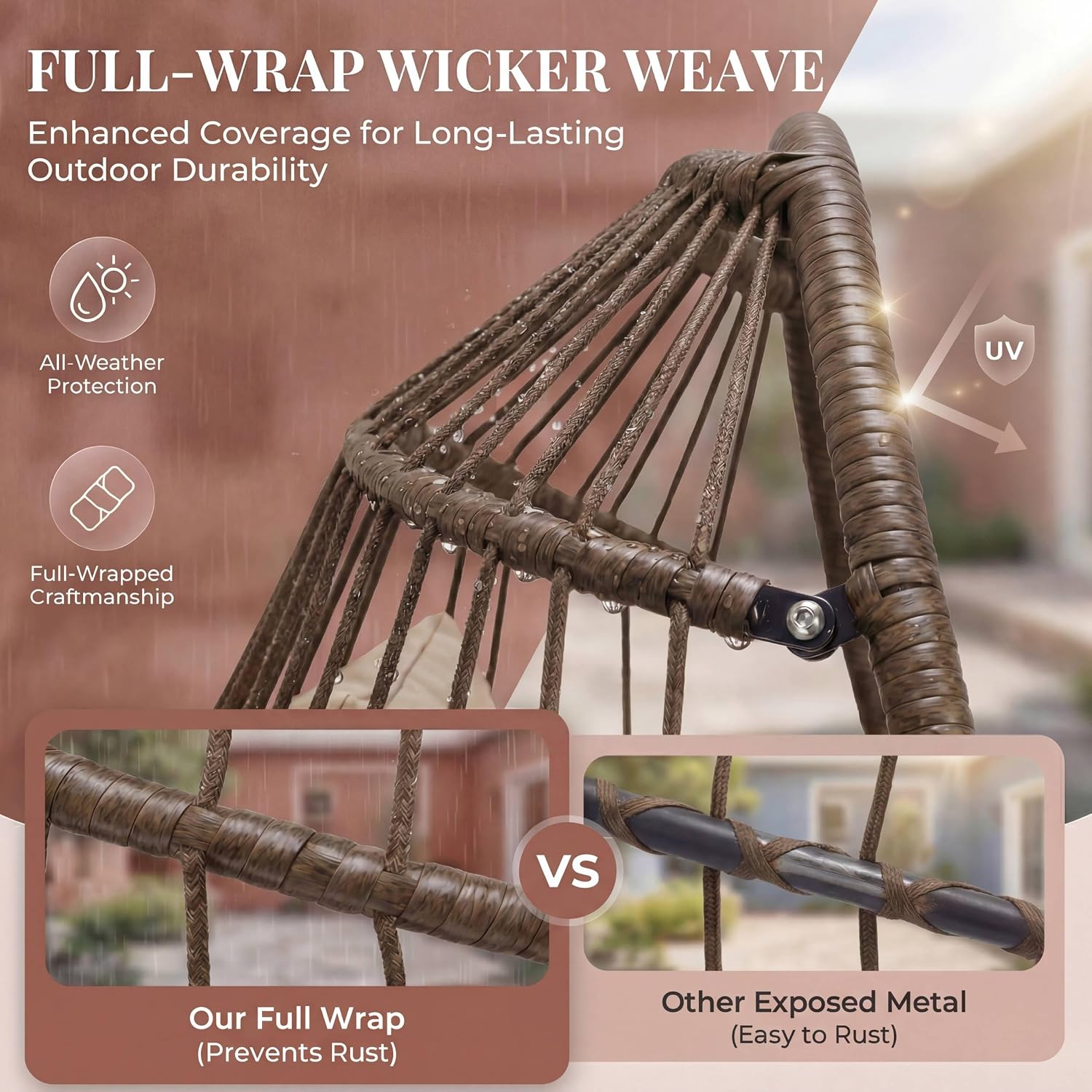 Nicesoul Outdoor Hanging Egg Chair Without Stand, Patio Wicker Swing Egg Basket Chairs with Padded Cushions, 350 Lbs Ceiling Tree Swinging Egg-Shaped Chair No Stand for Indoor Bedroom Porch, Brown