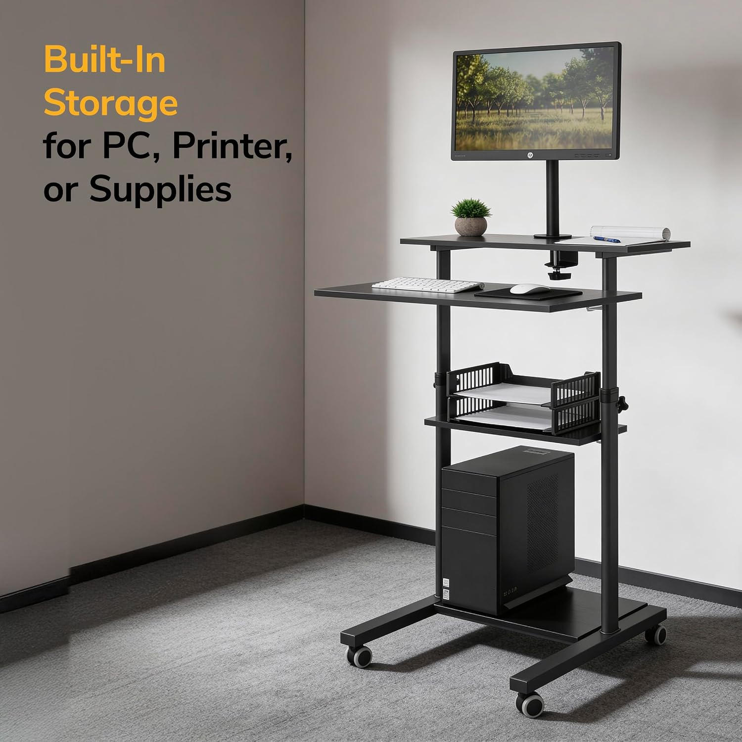 Mount-It! Mobile Computer Cart with Monitor Mount for Screen up to 32', Portable Desk on Wheels, Rolling Laptop Stand for Teachers, Office, Classroom, Rise up to 53', Podium, Keyboard Tray, Black
