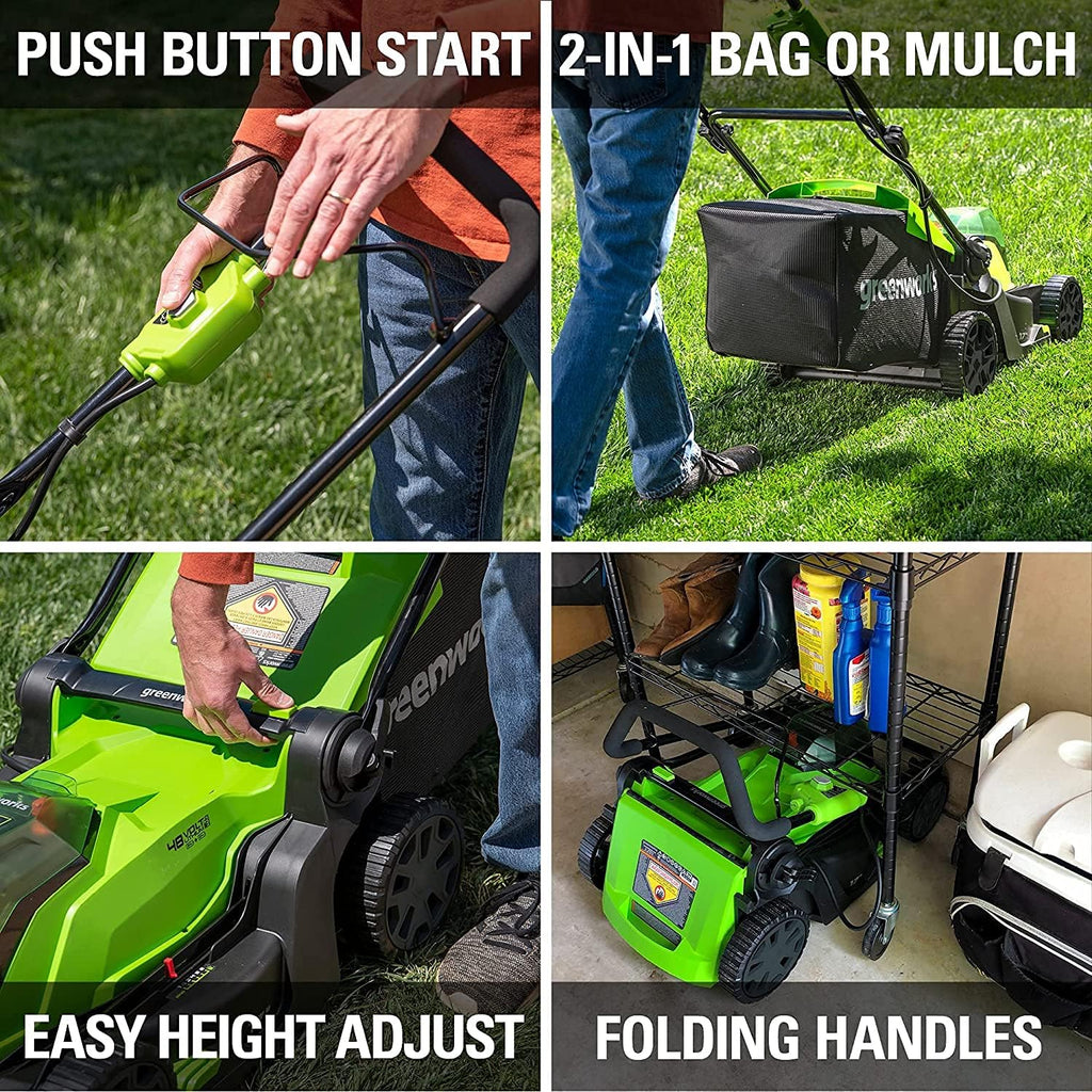 Greenworks 48V (2 x 24V) 17' Brushless Cordless Lawn Mower + 24V Drill / Driver, (2) 4.0Ah USB Batteries (USB Hub) and Dual Port Rapid Charger Included