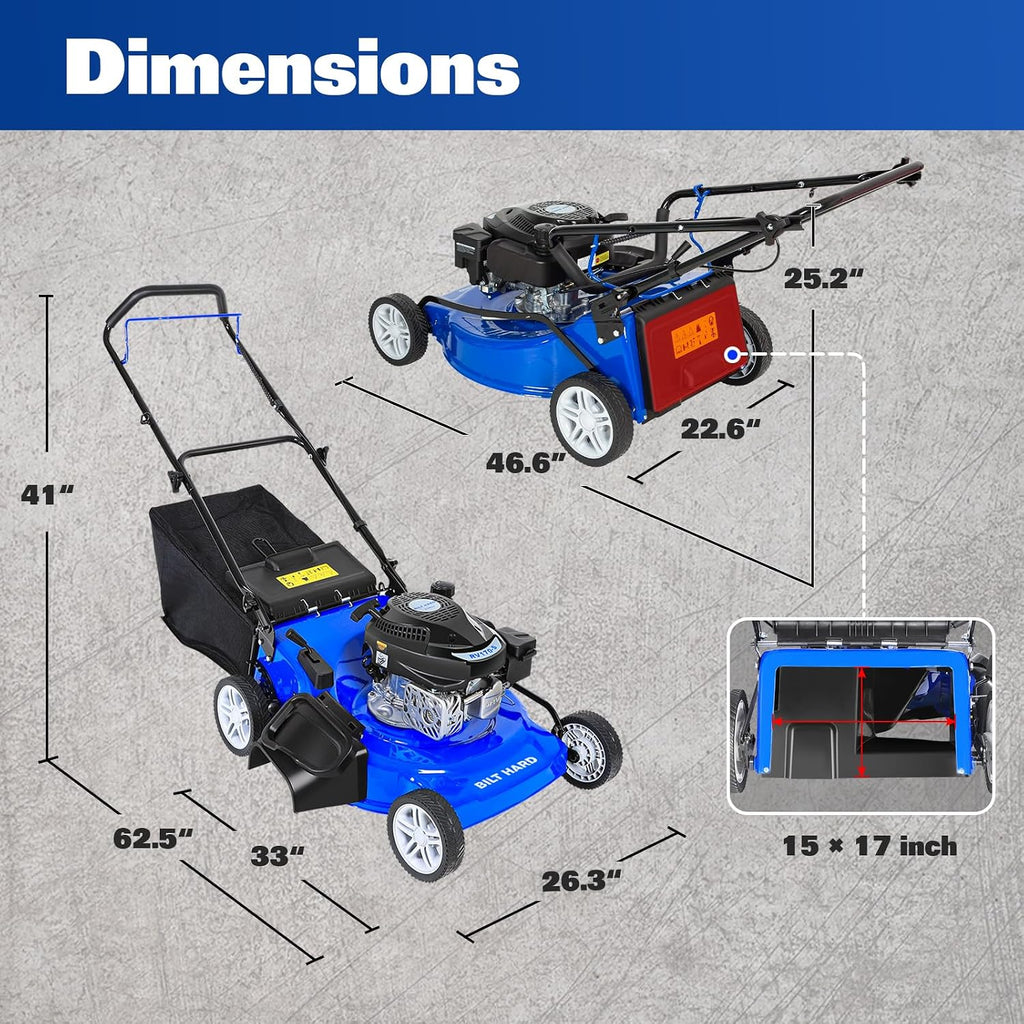 BILT HARD 21 Inch Lawn Mower Gas Powered, 4-Cycle 201cc Engine, 3-in-1 Push Lawnmower with Bagging, Mulching & Side Discharge, Adjustable 8-Positions Cutting Height, Easy Start
