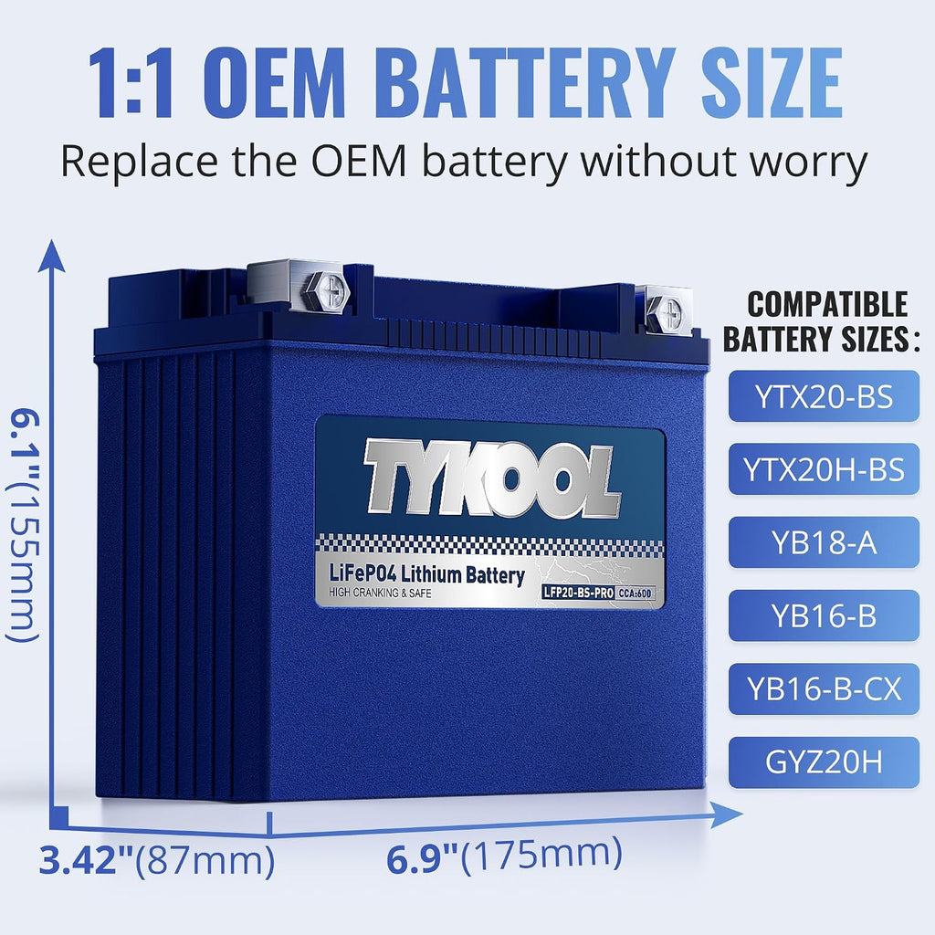 TYKOOL LFP20-BS-PRO Lithium Battery, Replaces YTX20-BS YTX20H-BS GYZ20H, 650CCA 12Ah fits for Indian Chief Scout Arctic Cat Alterra ZR 8000 Yamaha SR Viper Moto Guzzi California, Digital Readout [+ -]