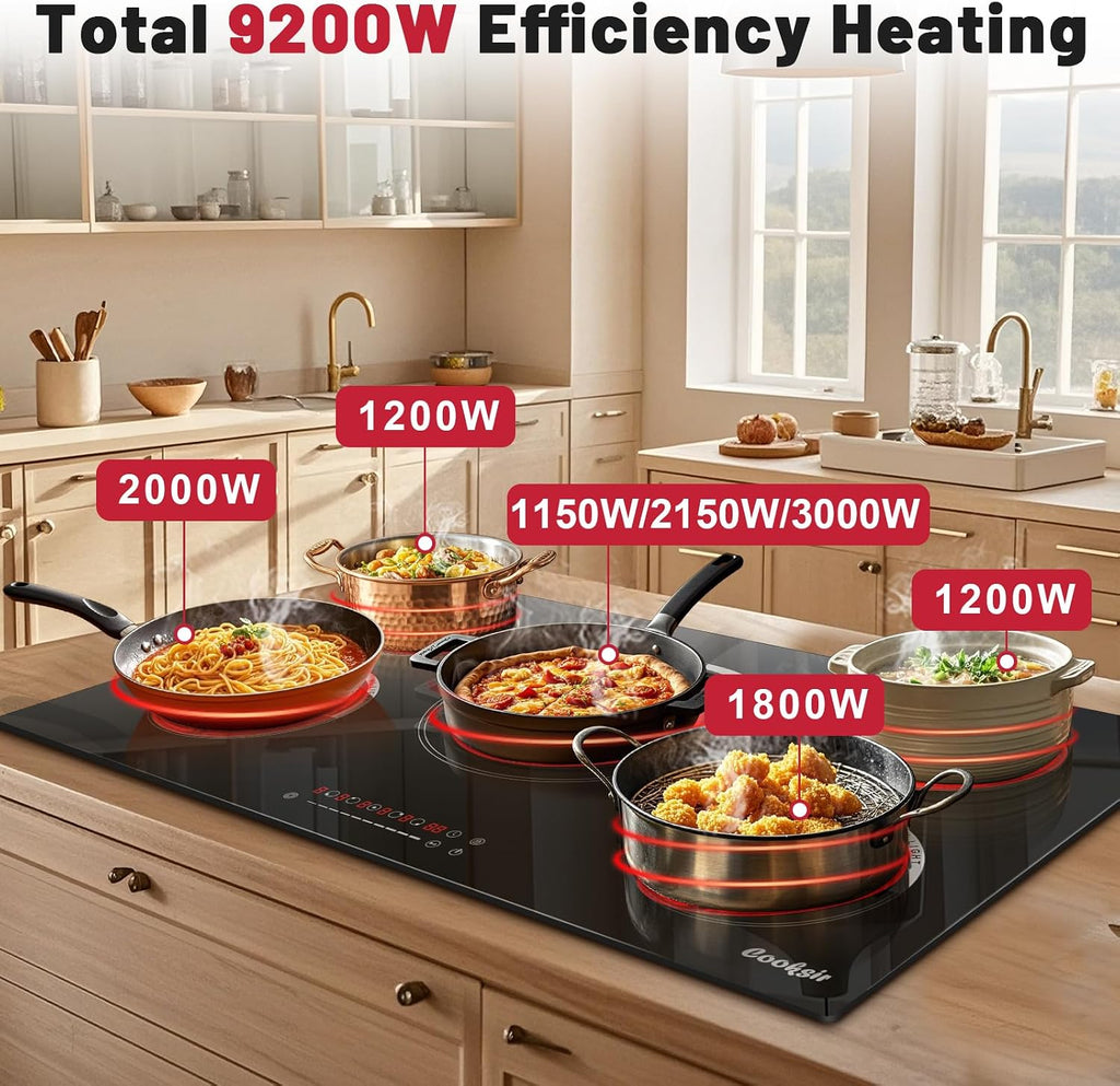 36 Inch Electric Cooktop - Built-in(34.25'x19.3') 36 Inch Electrical Stove 240V, 9200W Five Burner Ceramic Cooktop, Slide-Touch Control, Timer, Safety Lock, Electric Stovetop, 220V Hard Wired