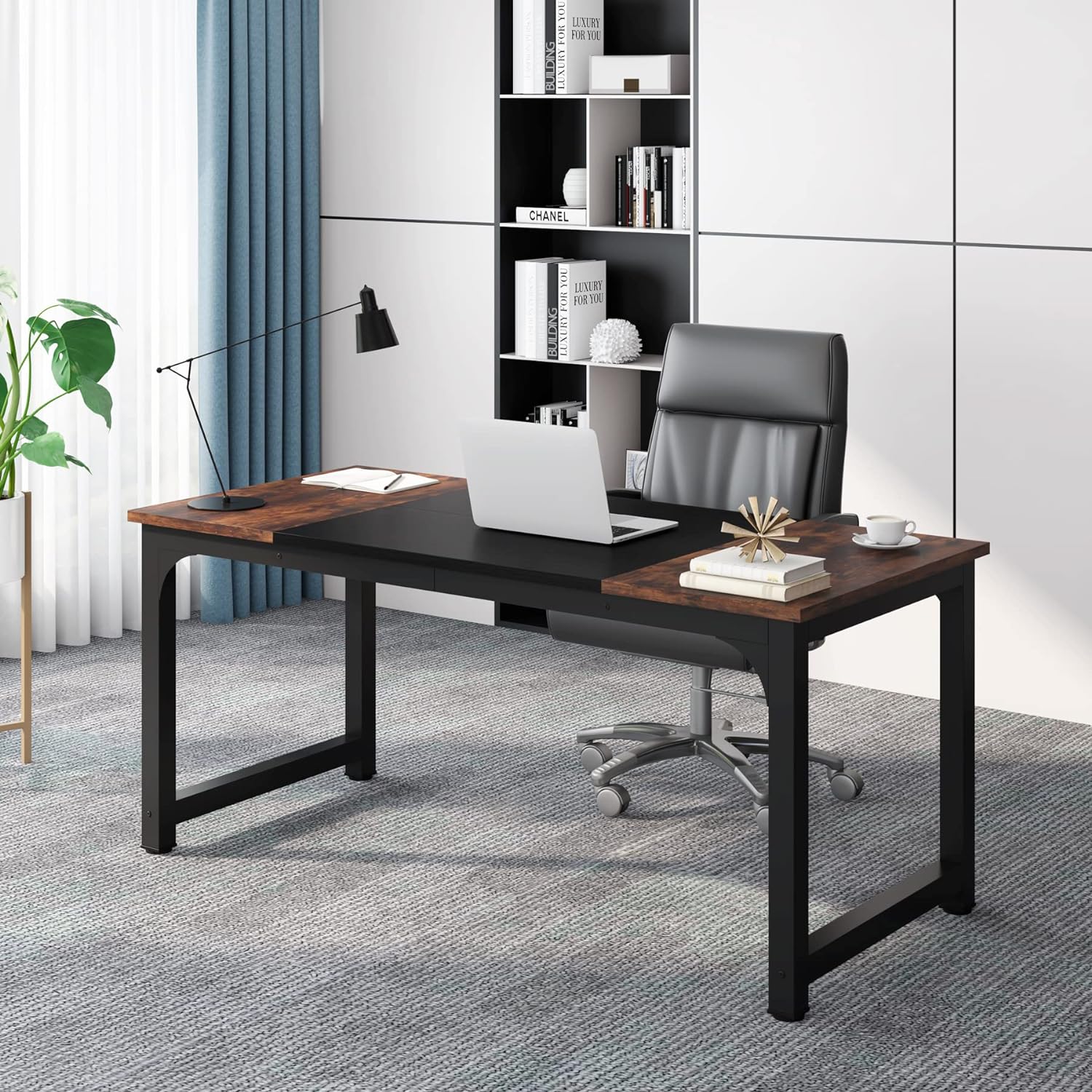 Tribesigns 63' Executive Desk, Large Office Computer Desk with Thicken Frame, Modern Simple Workstation Business Furniture for Home Office, Rustic Brown/Black