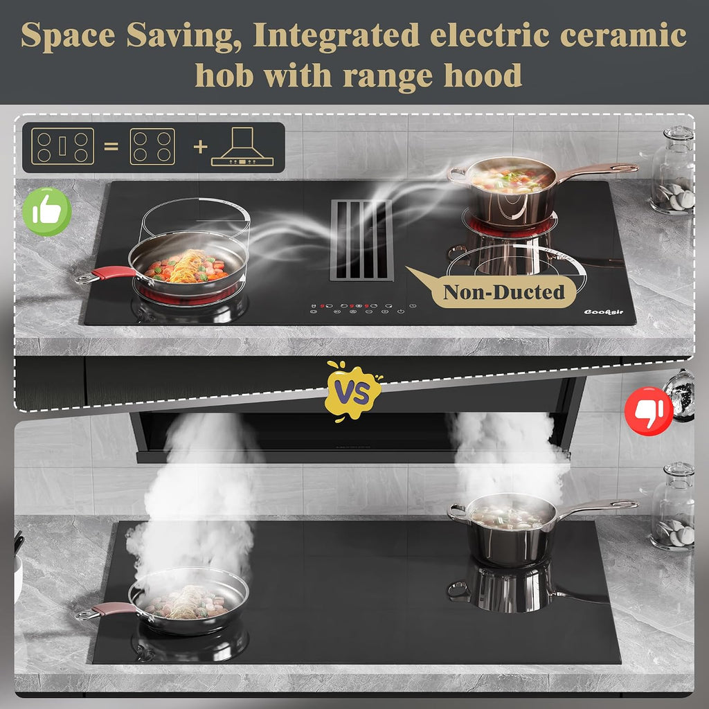 36 Inch Electric Cooktop with Downdraft - 4 Burner Built-in Electric Stove 7400W, 36 Inches Ductless Recirculating Downdraft, Timer, Safety Lock, BBQ Bridge Burner, Recirculating Air Vent