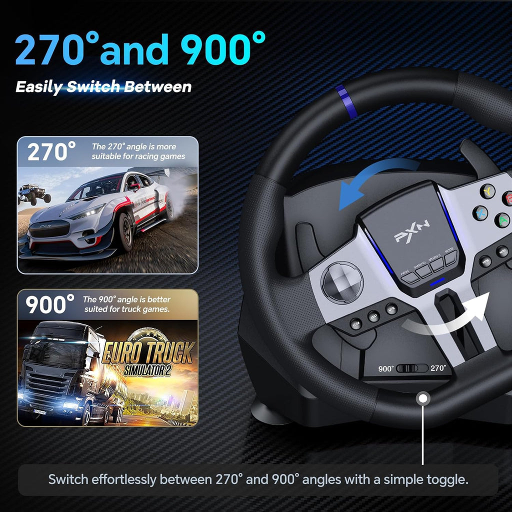 PXN V9 GEN2 Gaming Steering Wheel for PC, Xbox & PS4-270°/900° USB Sim Racing Wheel with Hall 3-Pedal Set, H-Pattern Shifter, Dual Paddles, Vibration Feedback, Pedal-Responsive RGB & App Support