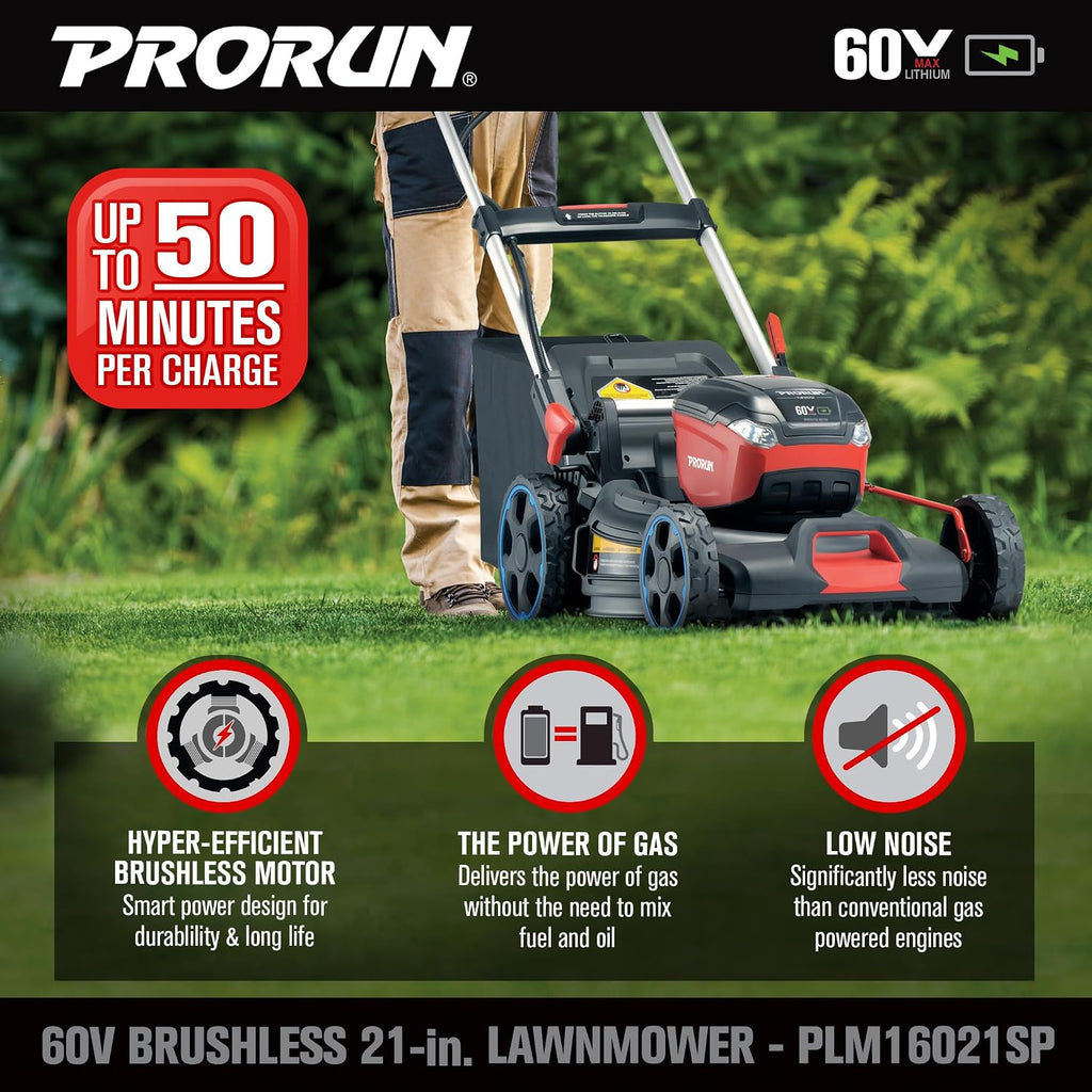 PRORUN 60V 21-in. Steel Deck Brushless Cordless Self-Propelled Lawn Mower with 5.0 Ah Battery and Charger PLM16021SP
