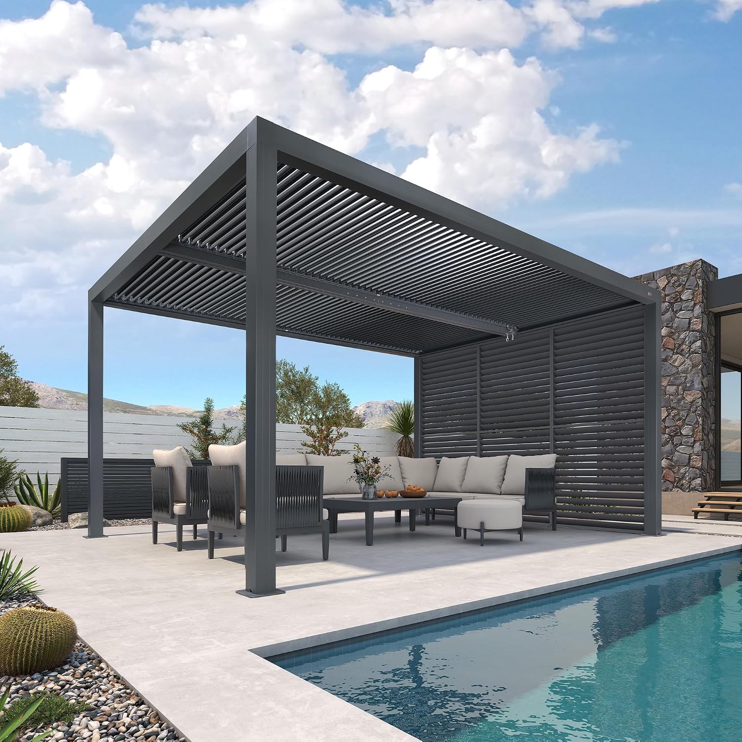 PURPLE LEAF Louvered Pergola 94AS 11' x 14' Outdoor Aluminum Pergola with Fixed Shutter Wall Adjustable Roof for Deck Backyard Grey Hardtop Gazebo, 1 Short Side