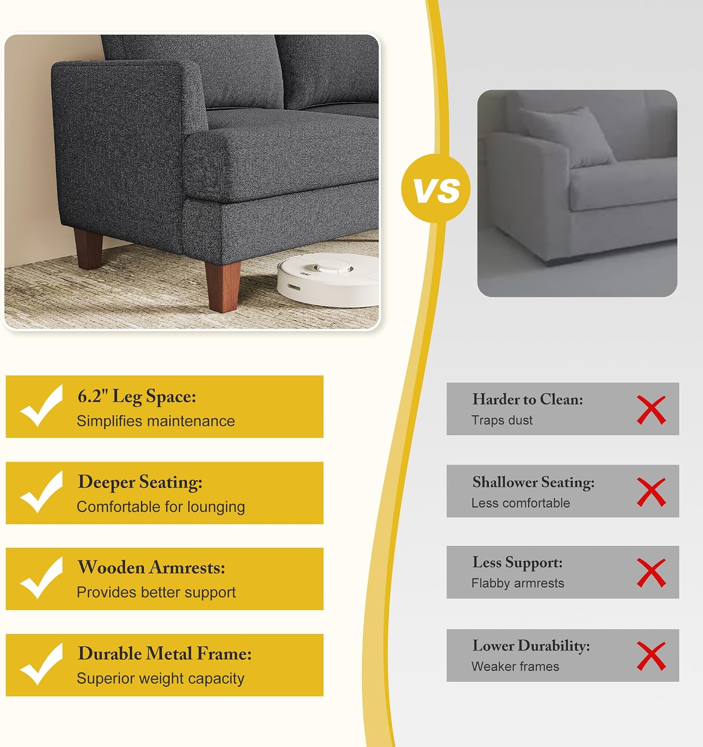 Busaurus 3 Seater Sofa Couch with Deep Seats, 89' Mid Century Modern Upholstered Sofa with Armrests, Comfy Couches for Living Room, Bedroom, Apartment and Office (Dark Grey)