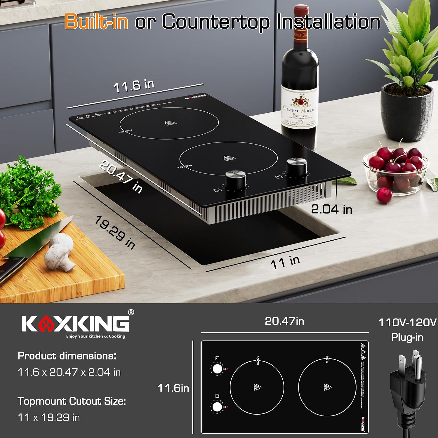 12 Inch 2 Burner Electric Cooktop, 1600W Ceramic Electric Stove Top, 110-120V Plug-in Radiant Countertop & Built-in Cooktop, 11 Heat Levels, Knob Control, Residual Heat Indicator