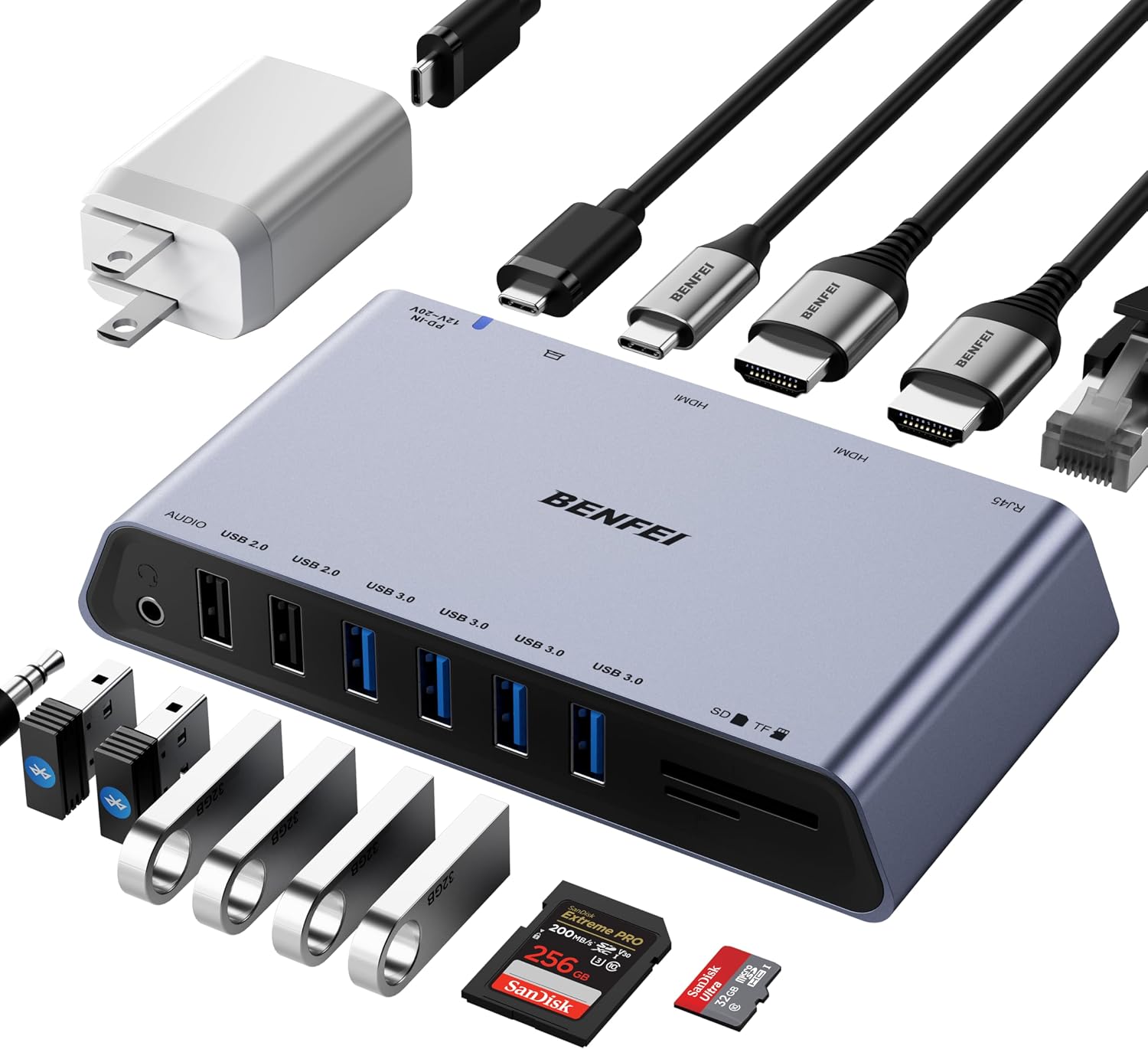 BENFEI DisplayLink 12-in-1 USB 3.0 Universal Docking Station with Dual HDMI Display/6*USB Ports/SD/TF Card Reader/Gigabit Ethernet Network/3.5mm Female Headphone Jack Compatible with Windows and Mac