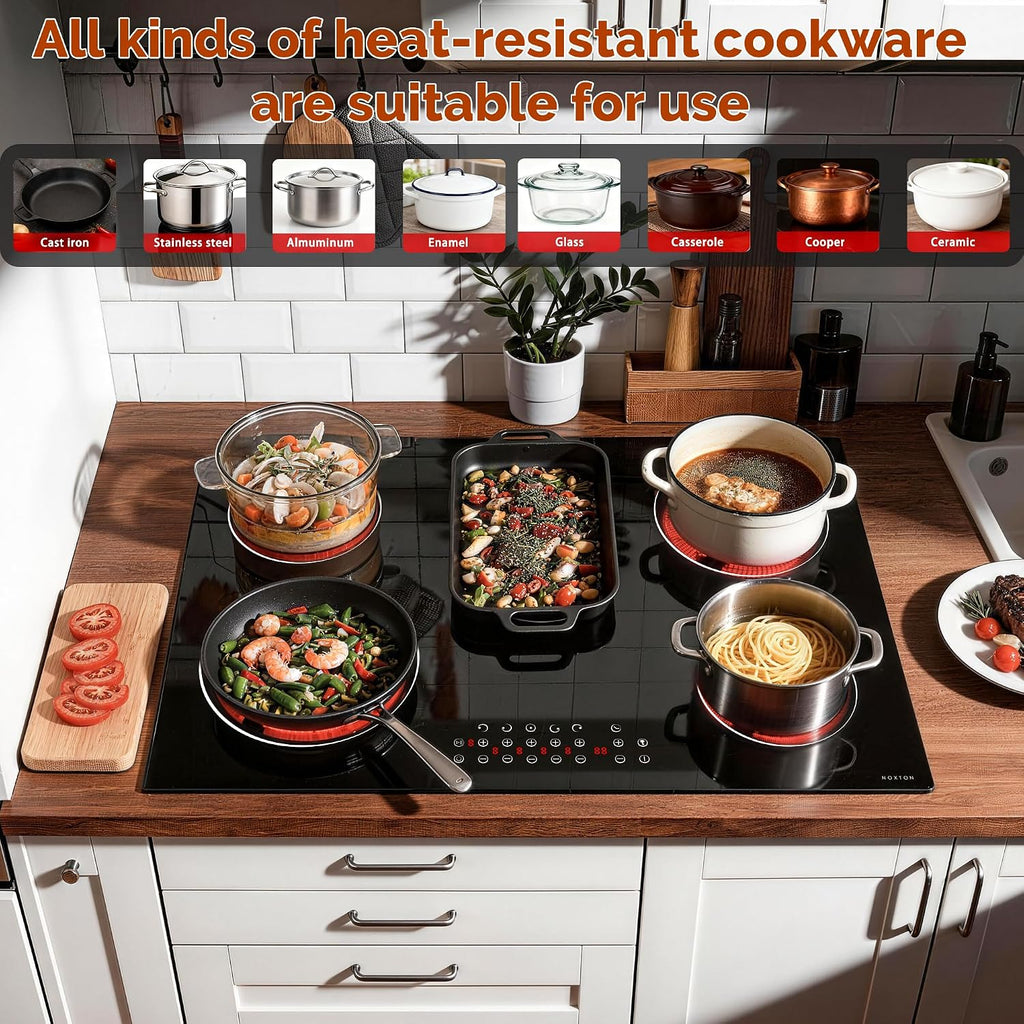 Noxton Electric Cooktop 30 Inch,8400W High Power 5 Burners Radiant Stove Top, Child Safety Lock, Timer, Pause, Hard Wire 240V, Drop-in Install