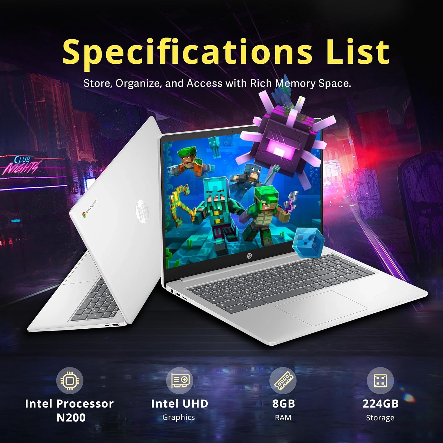 HP 15.6' HD Chromebook Laptop, Intel Processor N200, 8GB LPDDR5, 224GB Storage (64GB eMMC+160GB Docking Station Set), Intel UHD Graphics, HD 720p Webcam, Numeric Keypad, Wi-Fi 6, Chrome OS, Silver