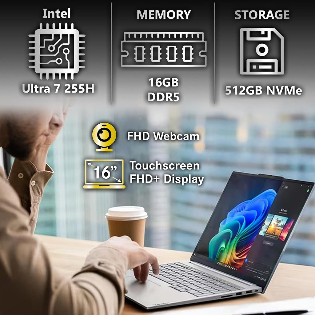 Lenovo ThinkBook 16 Gen 8 AI Business Laptop, 16' Touchscreen FHD+, Intel Ultra 7 255H, 16GB DDR5 RAM, 512GB SSD PCIe, WiFi 6E, HDMI, Fingerprint Reader, Backlit KB, Webcam, Win 11 Pro