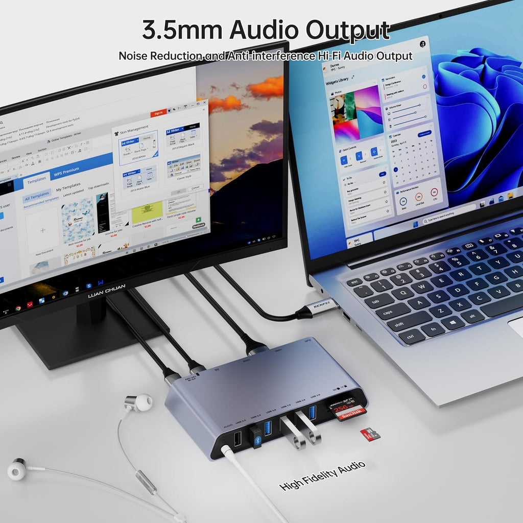 BENFEI DisplayLink 12-in-1 USB 3.0 Universal Docking Station with Dual HDMI Display/6*USB Ports/SD/TF Card Reader/Gigabit Ethernet Network/3.5mm Female Headphone Jack Compatible with Windows and Mac