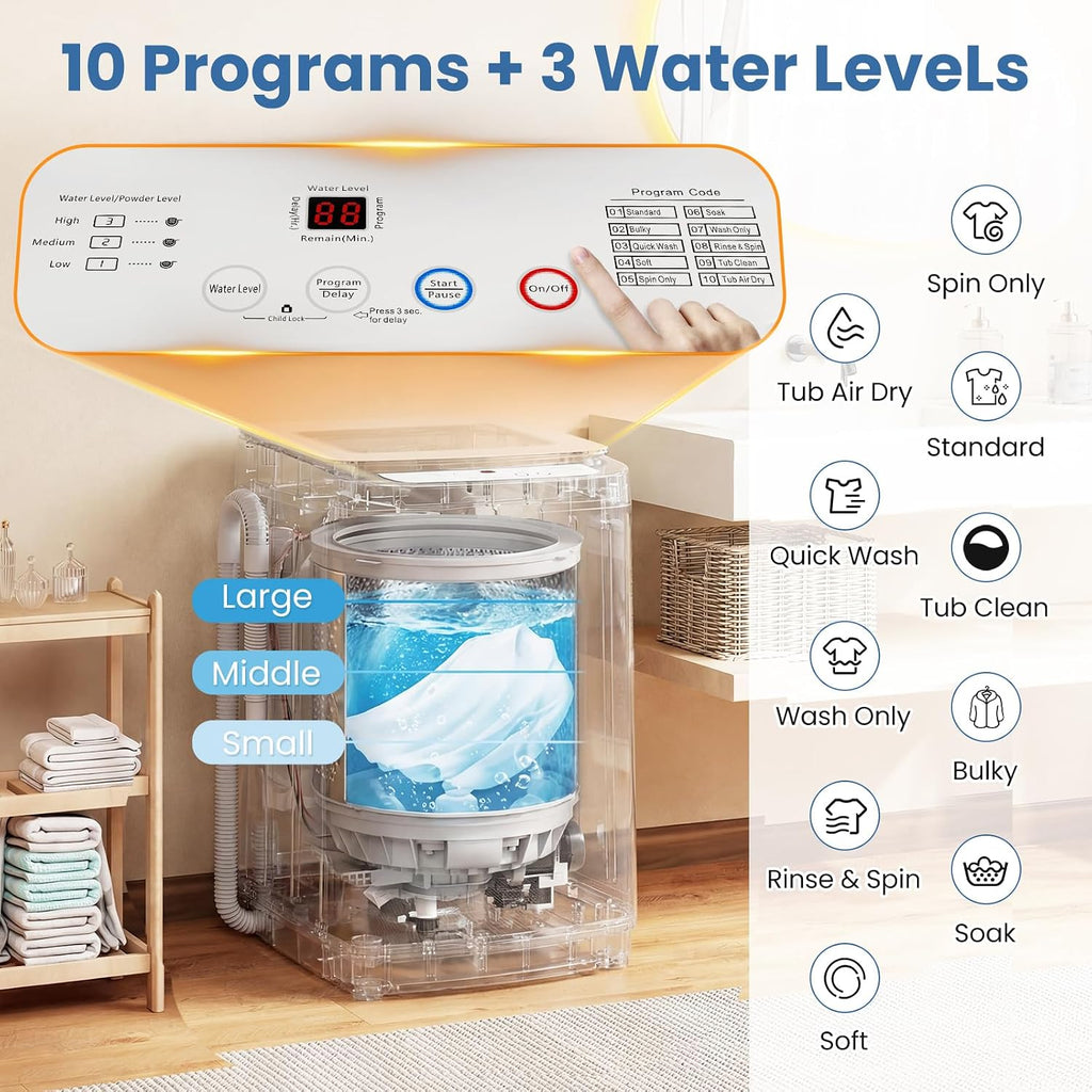 VCJ 17Lbs Portable Washing Machine, Full-Automatic Top Load Washer with 10 Wash Cycles, 3 Water Levels & LED Display, Compact Electric Laundry Washer for Apartment, Dorms, RVs and Camping