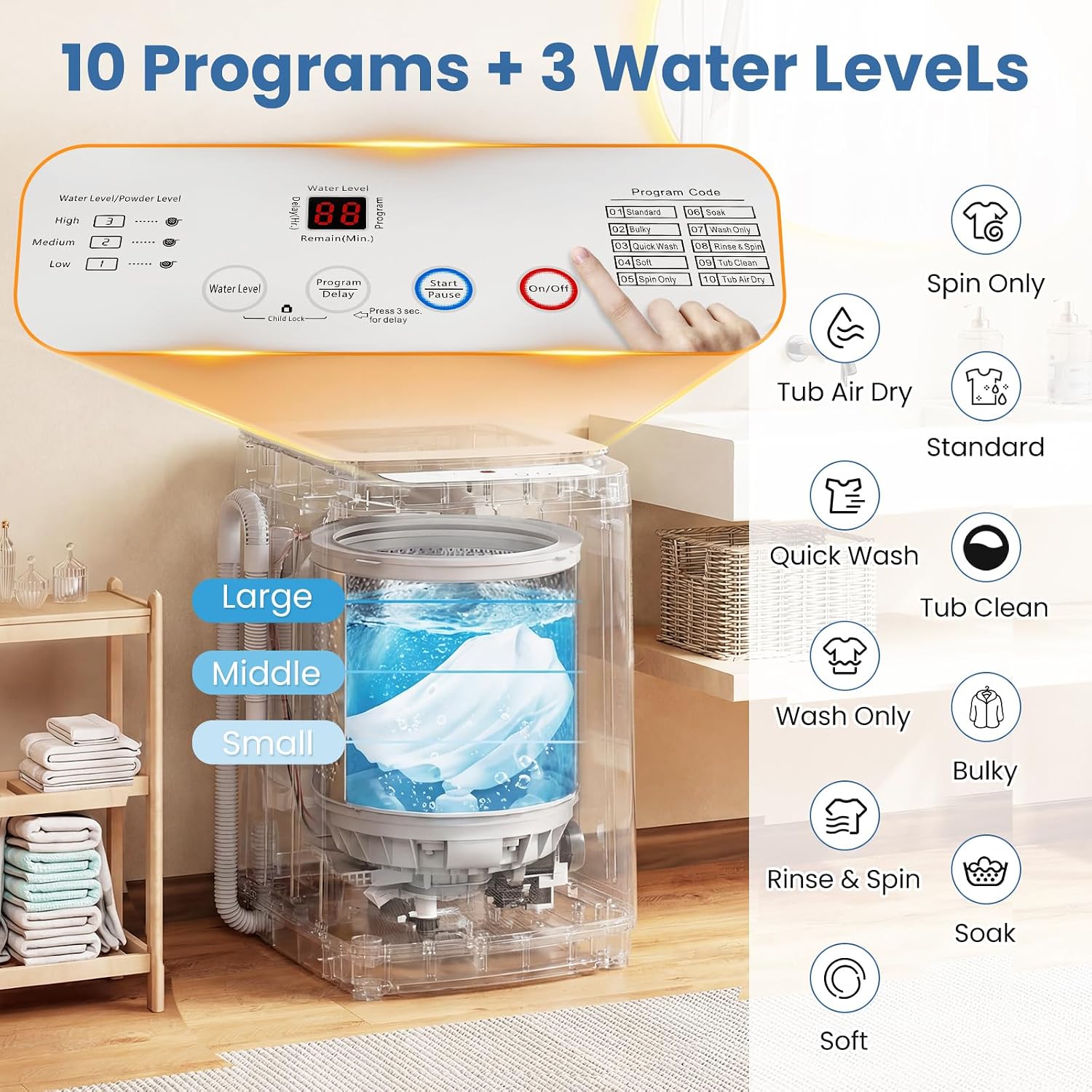 VCJ 17Lbs Portable Washing Machine, Full-Automatic Top Load Washer with 10 Wash Cycles, 3 Water Levels & LED Display, Compact Electric Laundry Washer for Apartment, Dorms, RVs and Camping