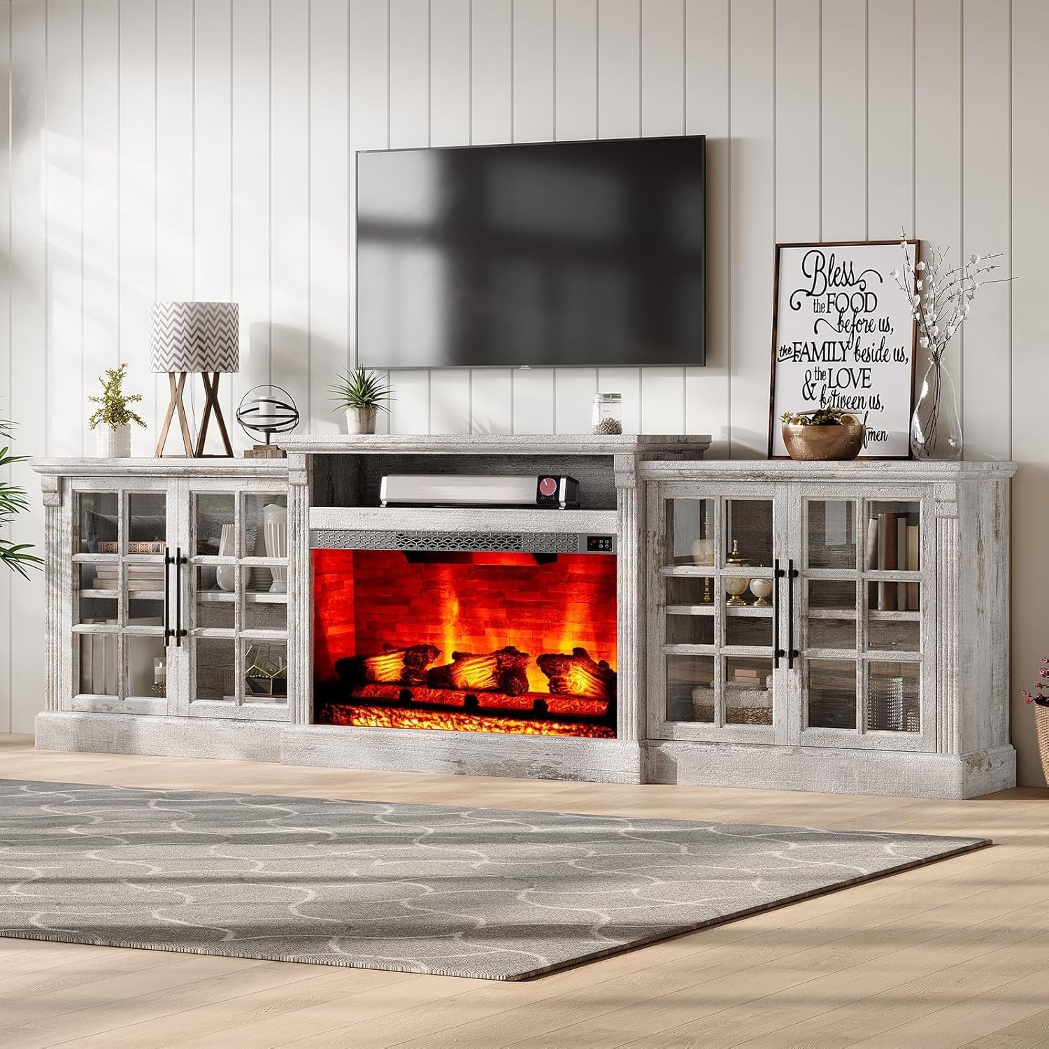 LUXOAK 97' Farmhouse TV Stand with 33' Fireplace for TVs up to 100', Media Entertainment Center with Large Storage Cabinet and Adjustable Shelves for Living Room, Light Grey