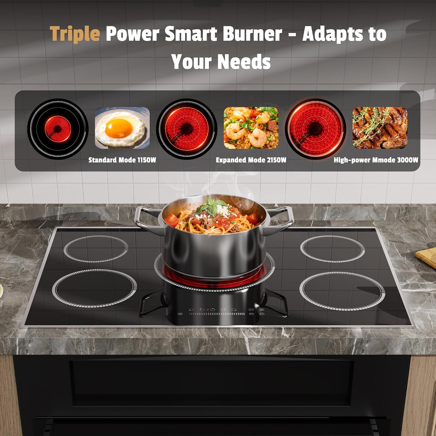 36 Inch Electric Cooktop, 5 Burner Stove Top with Slide Control, 9200W Electric Stove with Child Lock, Timer & Pause Function 36' Glass Cooktop, 220V Hard Wire(No Plug)