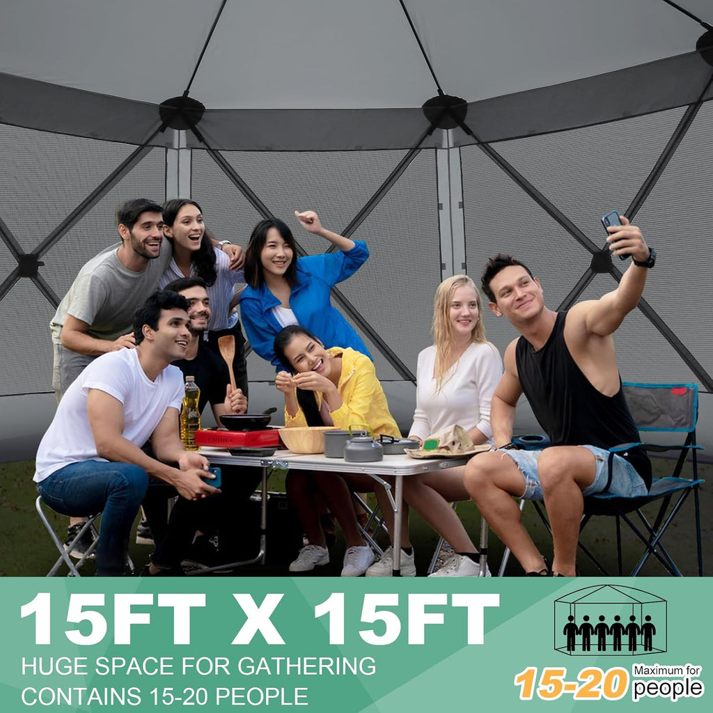 COBIZI 15x15 FT Pop Up Gazebo - Canopy Tent, Large Gazebos On Clearance with Sidewalls, Screened in Gazebo,carpas para Patio,Portable Screen Tents for 12-15 Persons Outdoor Camping, Backyard, Gray