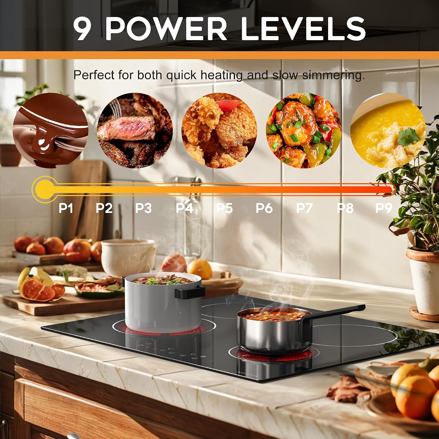 Noxton 24 Inch Electric Cooktop 4 Burners, Built in Electric stove top, Sensor Touch Ceramic Cooktop with Safety Lock, Timer, 6000W 220~240V (No Plug)