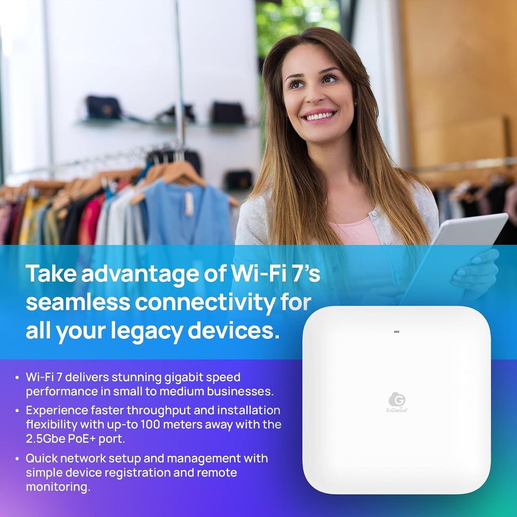 EnGenius ECW510 Wi-Fi 7 Indoor Access Point – Dual-Band 2x2 MU-MIMO, 2.5GbE PoE+, 4300 Mbps (5GHz) + 700 Mbps (2.4GHz), Supports 400 Devices, Up to 1,000 Sq Ft Coverage, Cloud Managed