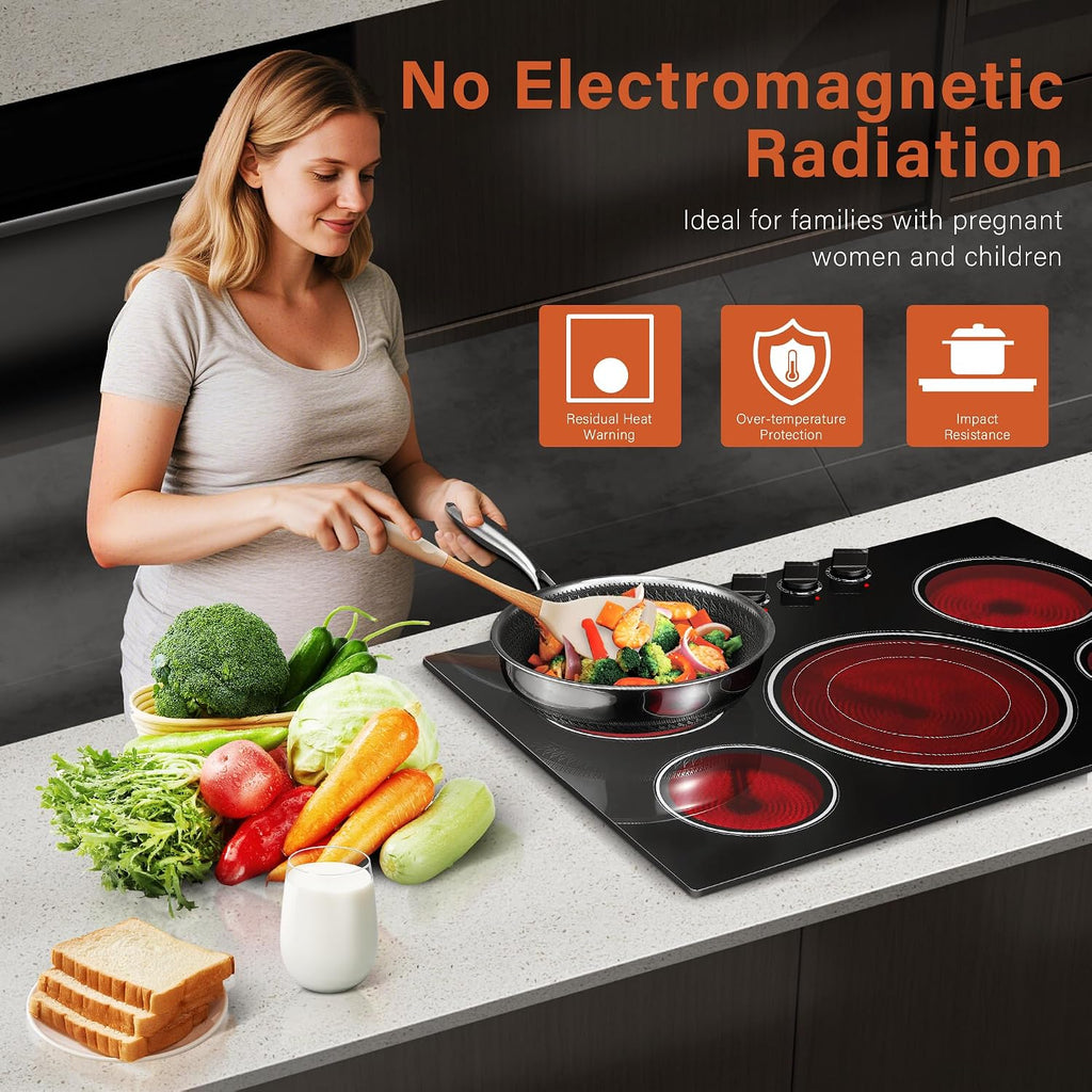30 Inch Built-in Electric Cooktop with Expandable Triple Ring Burners, 5 Burner 9000W Ceramic Stove Top - Easy Knob Controls & Residual Heat Indicator (220-240V Hardwired)