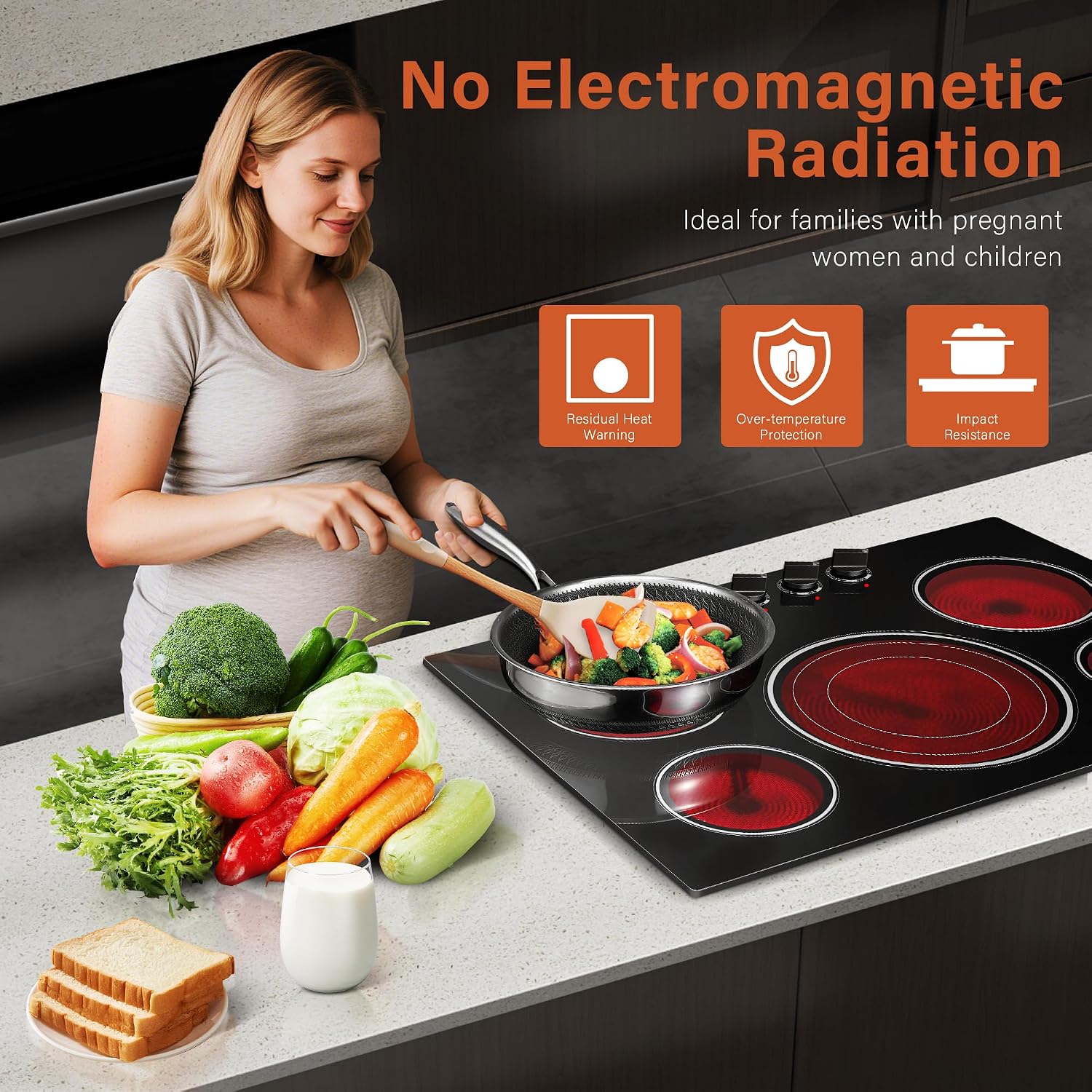 30 Inch Built-in Electric Cooktop with Expandable Triple Ring Burners, 5 Burner 9000W Ceramic Stove Top - Easy Knob Controls & Residual Heat Indicator (220-240V Hardwired)