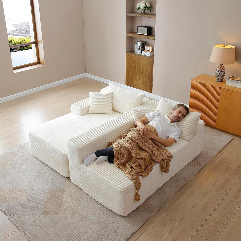 Modular Sectional Sofa Couches, 105' L-Shaped Cloud Boneless Couch with Left Chaise Lounge for Living Room | No Assembly Required | Corduroy Fabric, Beige