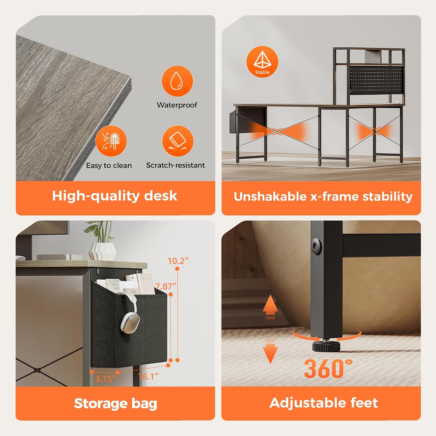 Mericonia 50 inch Large L Shaped Desk with Pegboard Hutch & Shelves, Corner Gaming Desk with Power Outlet, LED Light & Storage Bag, Reversible Computer Desk for Home, Bedroom, Office Workspace, Grey