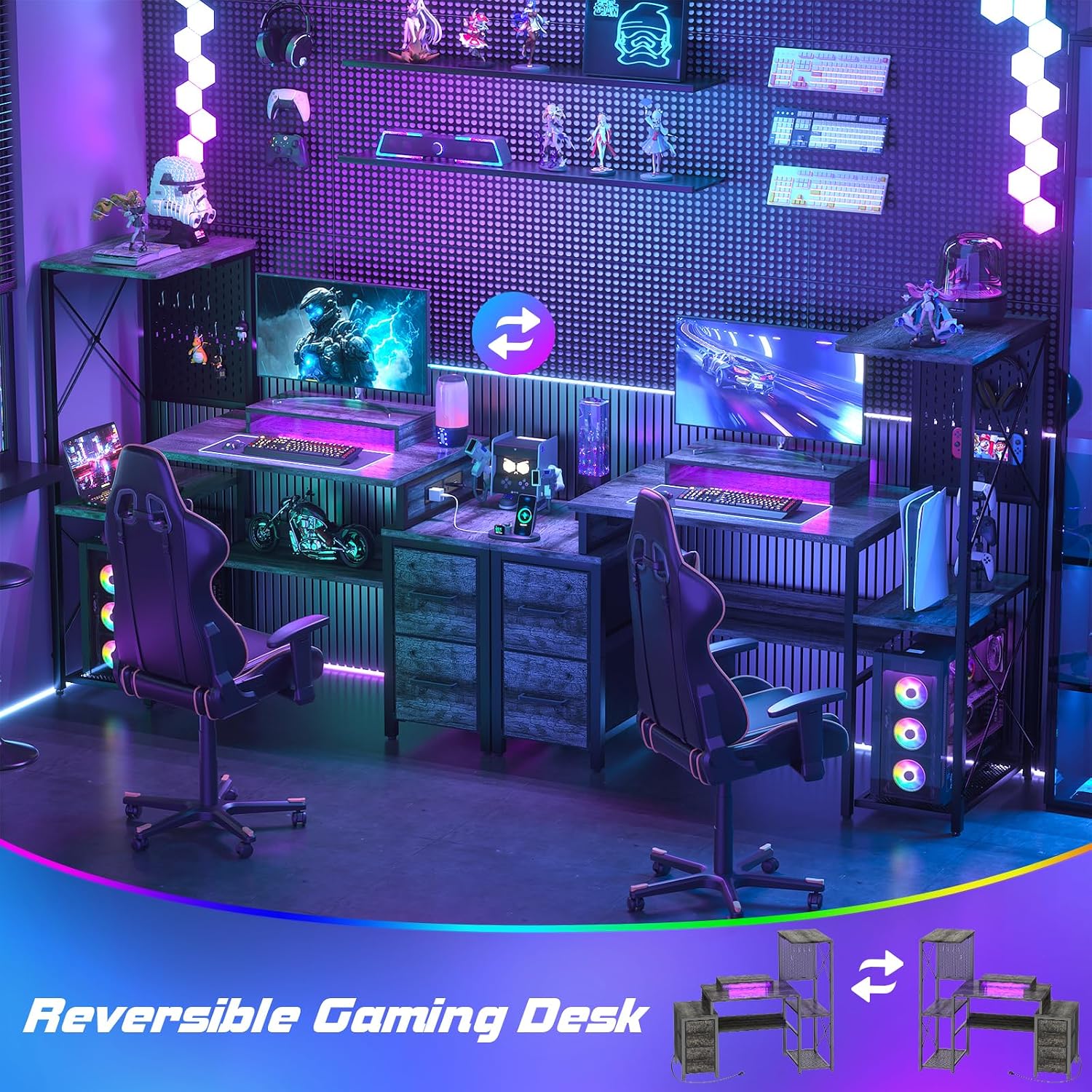 Small Gaming Desk with 2 Fabric Drawers - Reversible Computer Desk with Power Outlet & LED Lights, 49' Office Desk with Monitor Stand & Storage Shelves, Writing Study Table with Pegboard, Grey Oak