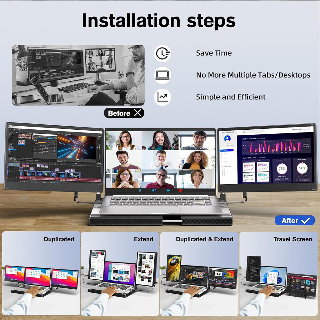 Laptop Triple Screen Extender - 14' Monitor IPS FHD 1080P HDMI USB-C Detachable Portable Display for 12-17.3 Inch Laptops Compatible with Windows Mac Chrome Surface Metal Base Travel Work Setup