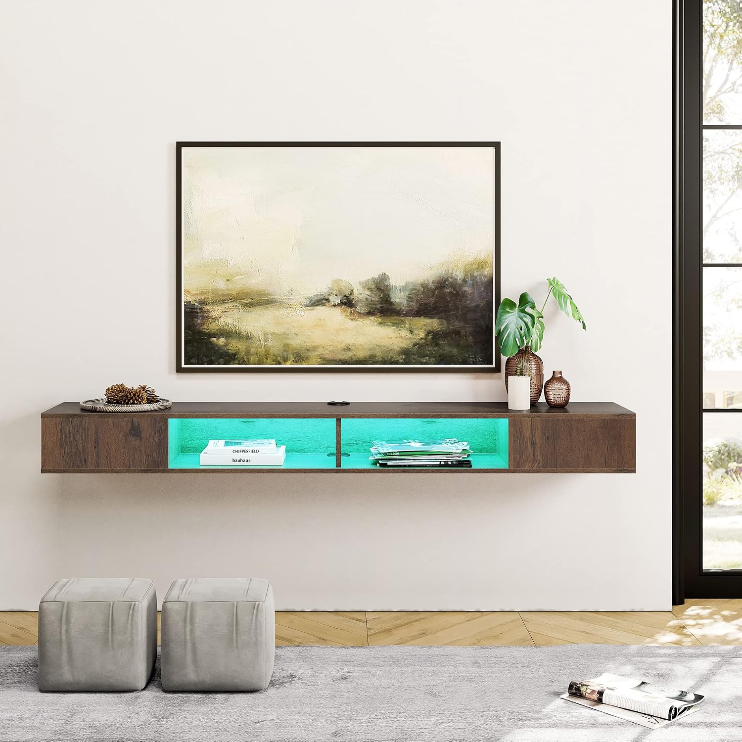 WAMPAT Floating Entertainment Center for 80 Inch TV,TV Stand Wall Mounted with LED Light, Floating TV Shelf Under TV for Living Room, Bedroom, Brown
