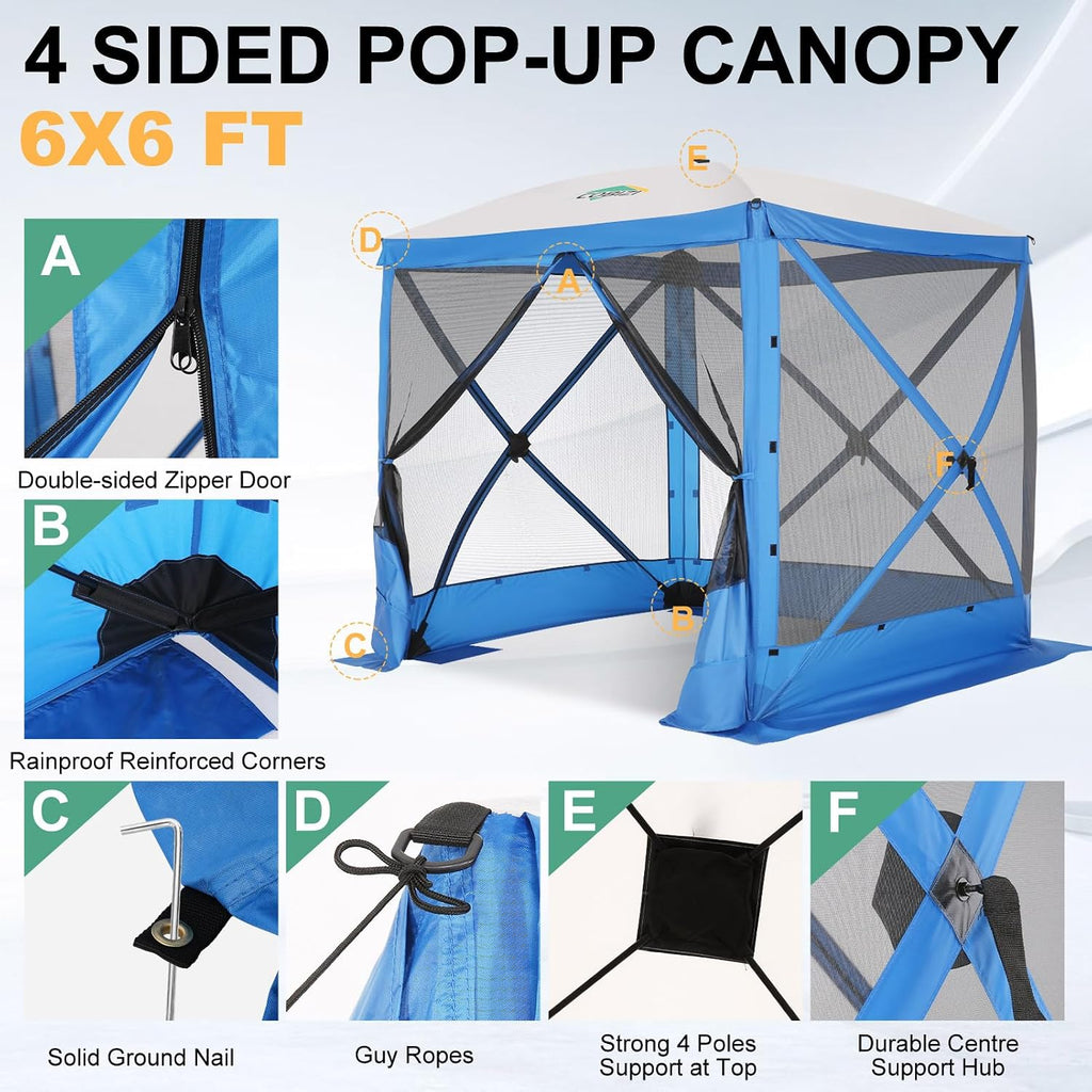 COBIZI 6x6 FT Pop up Gazebo, Popup Canopy Tent, Screened in Gazebos, Waterproof Portable Outdoor Small Screen Tents Sun Shelter,carpas para Patio for Camping, Garden and Backyard,Blue